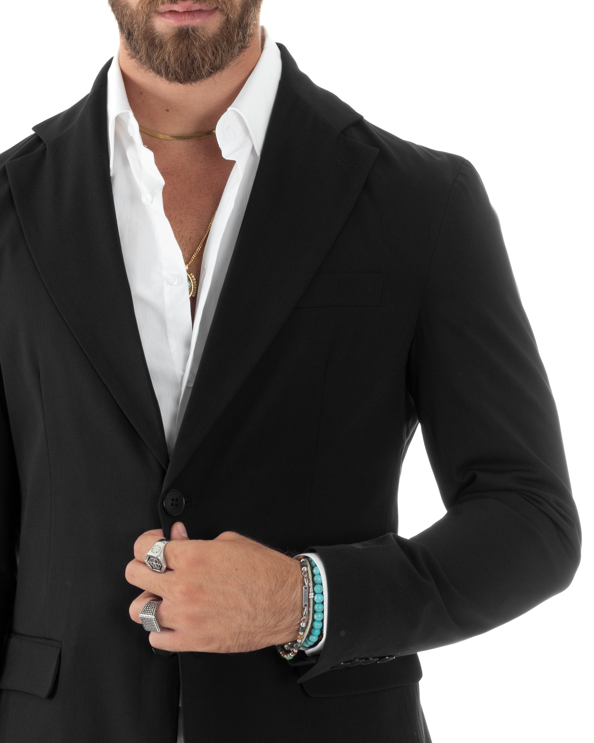 Abito Uomo Monopetto Vestito Viscosa Completo Giacca Pantaloni Elegante Casual Tinta Unita Nero GIOSAL-AE1079A