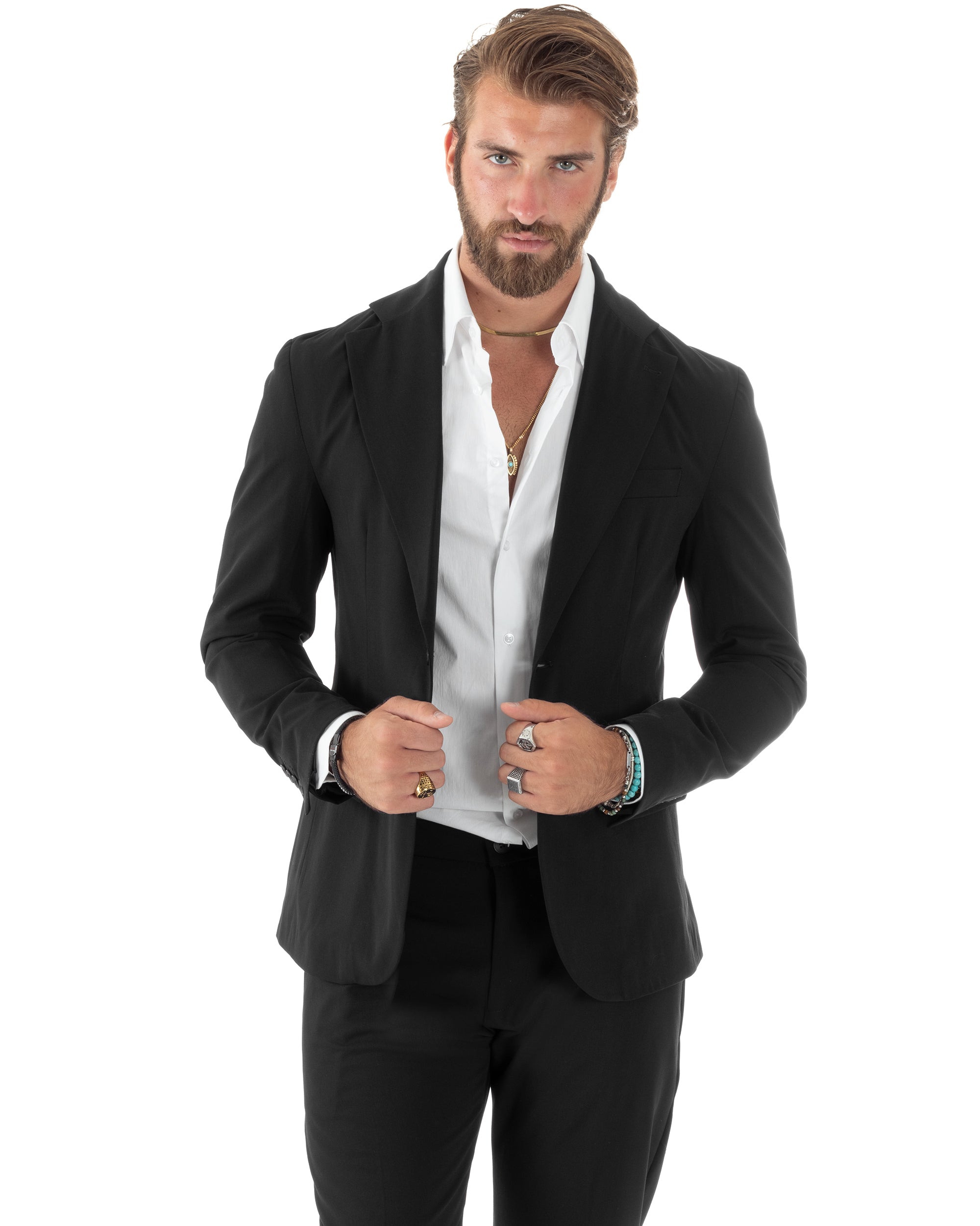 Abito Uomo Monopetto Vestito Viscosa Completo Giacca Pantaloni Elegante Casual Tinta Unita Nero GIOSAL-AE1079A