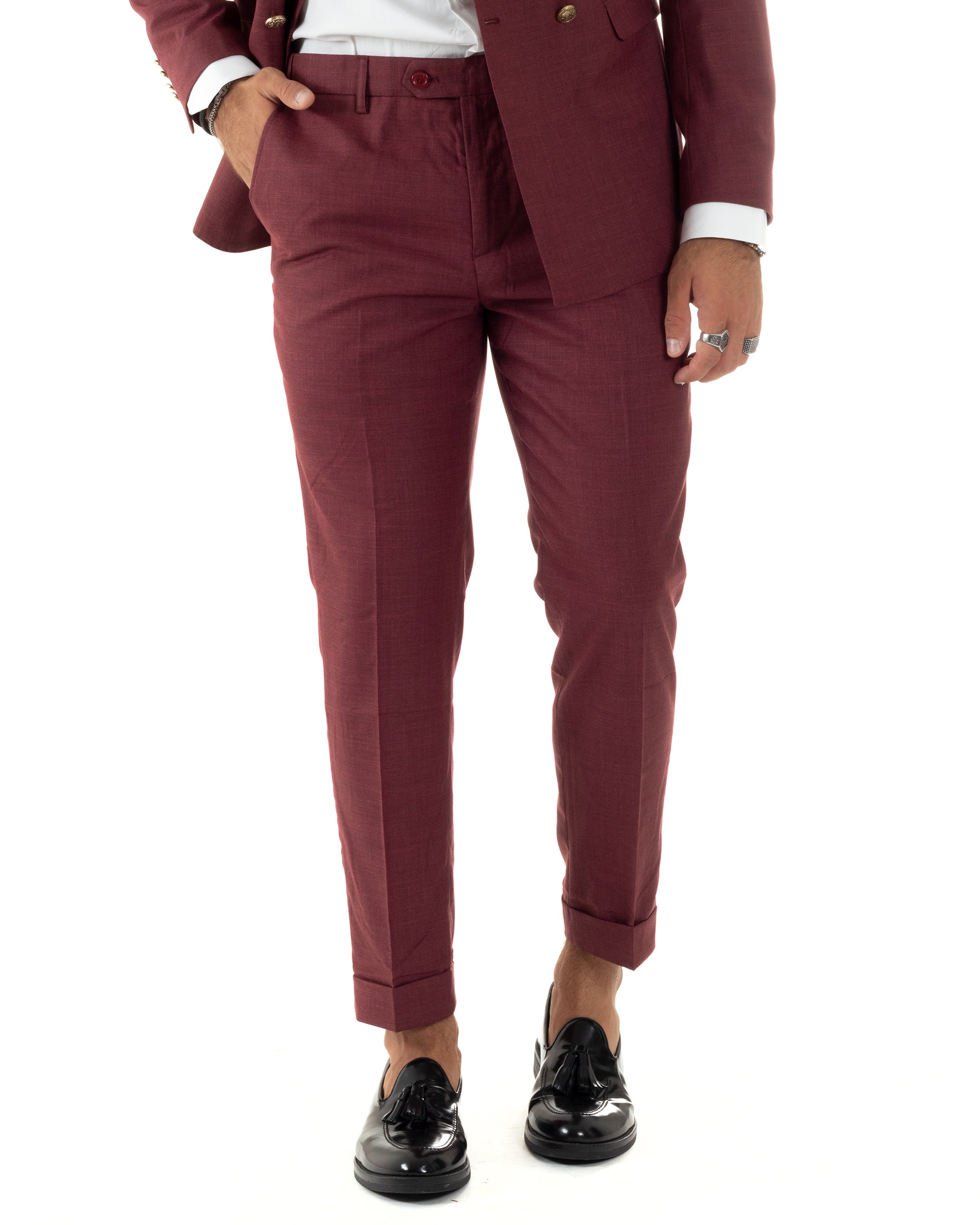 Abito Uomo Doppiopetto Vestito Completo Giacca Pantaloni Bottoni Metallo Bordeaux Melangiato AE1080A
