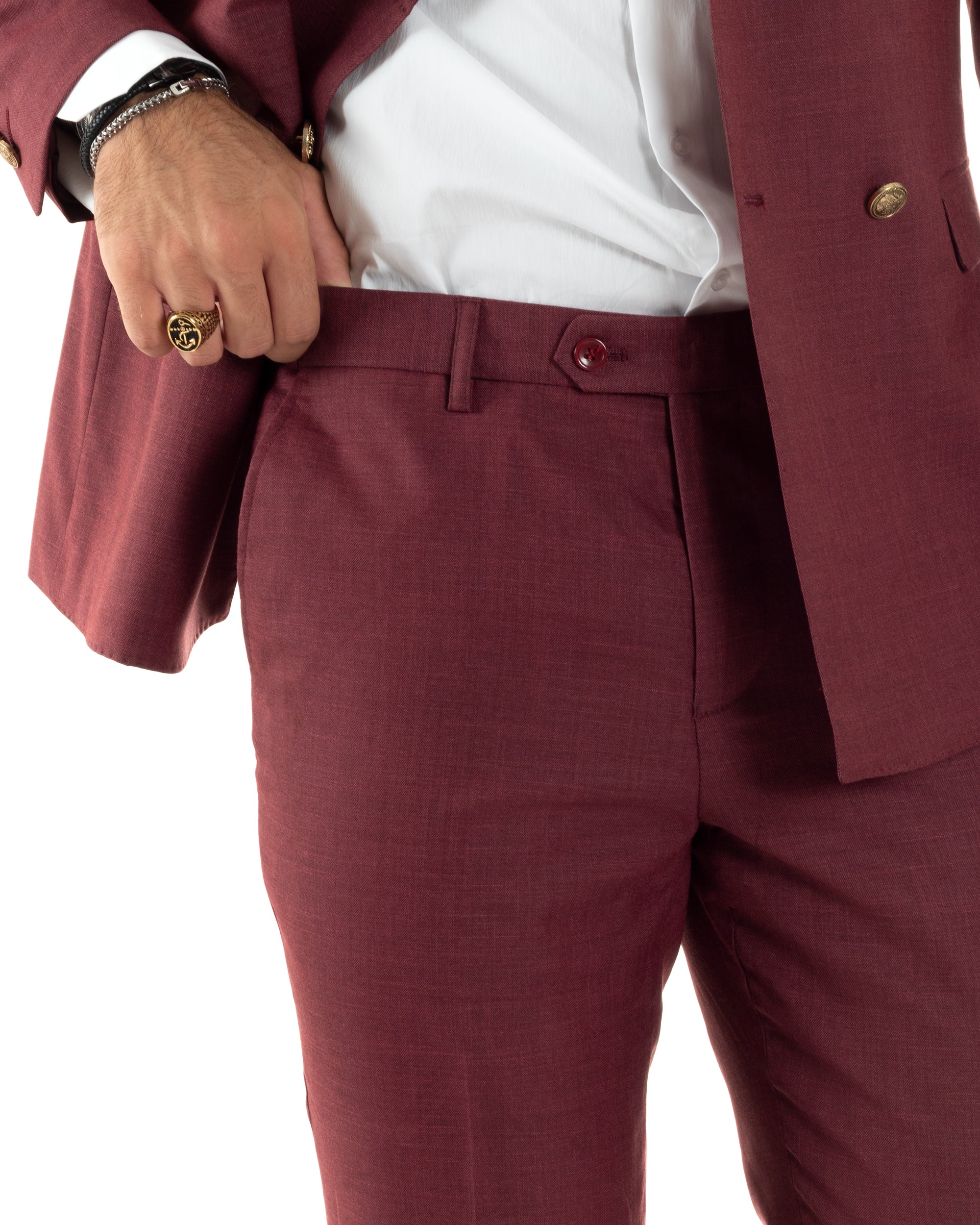 Abito Uomo Doppiopetto Vestito Completo Giacca Pantaloni Bottoni Metallo Bordeaux Melangiato AE1080A