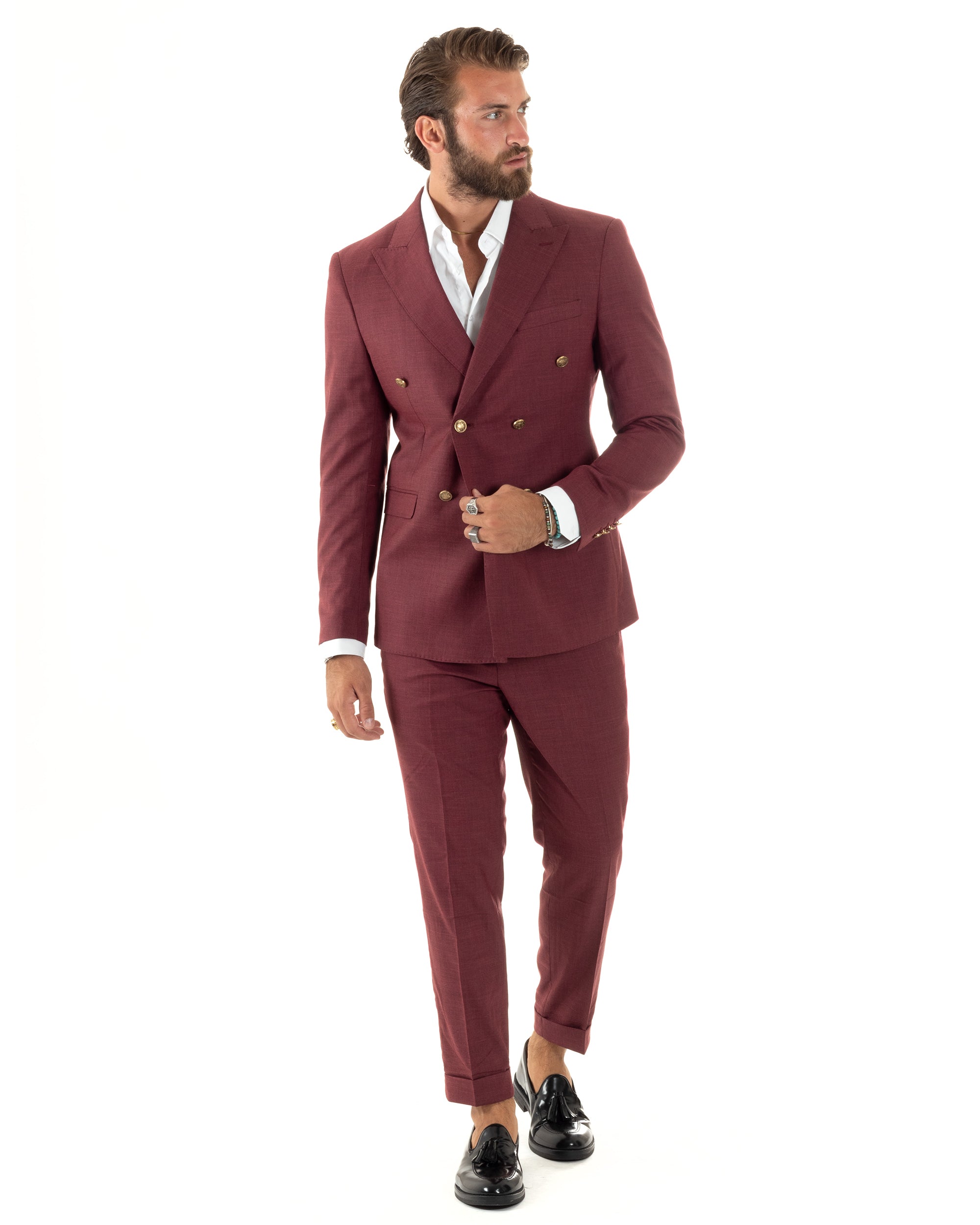 Abito Uomo Doppiopetto Vestito Completo Giacca Pantaloni Bottoni Metallo Bordeaux Melangiato AE1080A