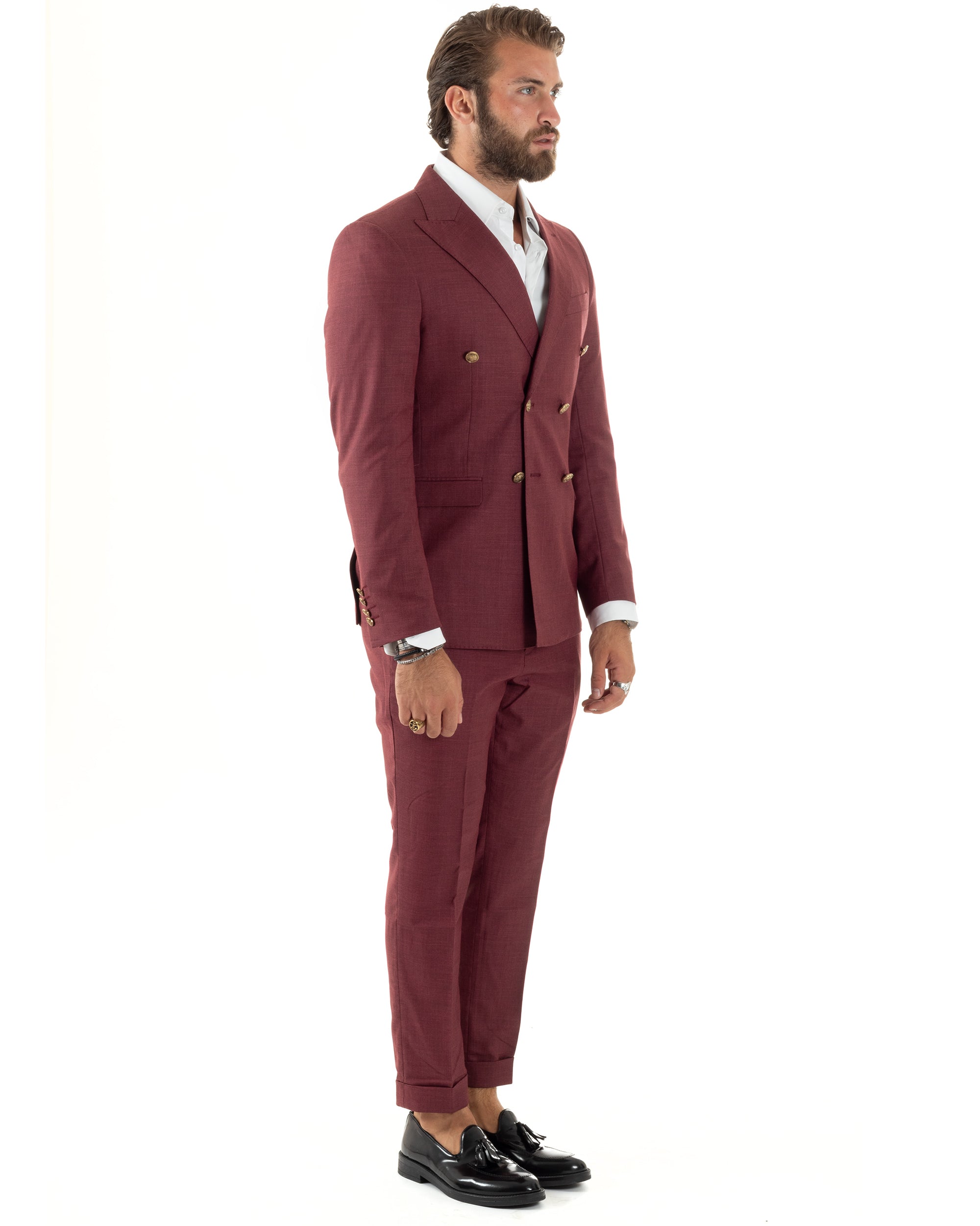 Abito Uomo Doppiopetto Vestito Completo Giacca Pantaloni Bottoni Metallo Bordeaux Melangiato AE1080A