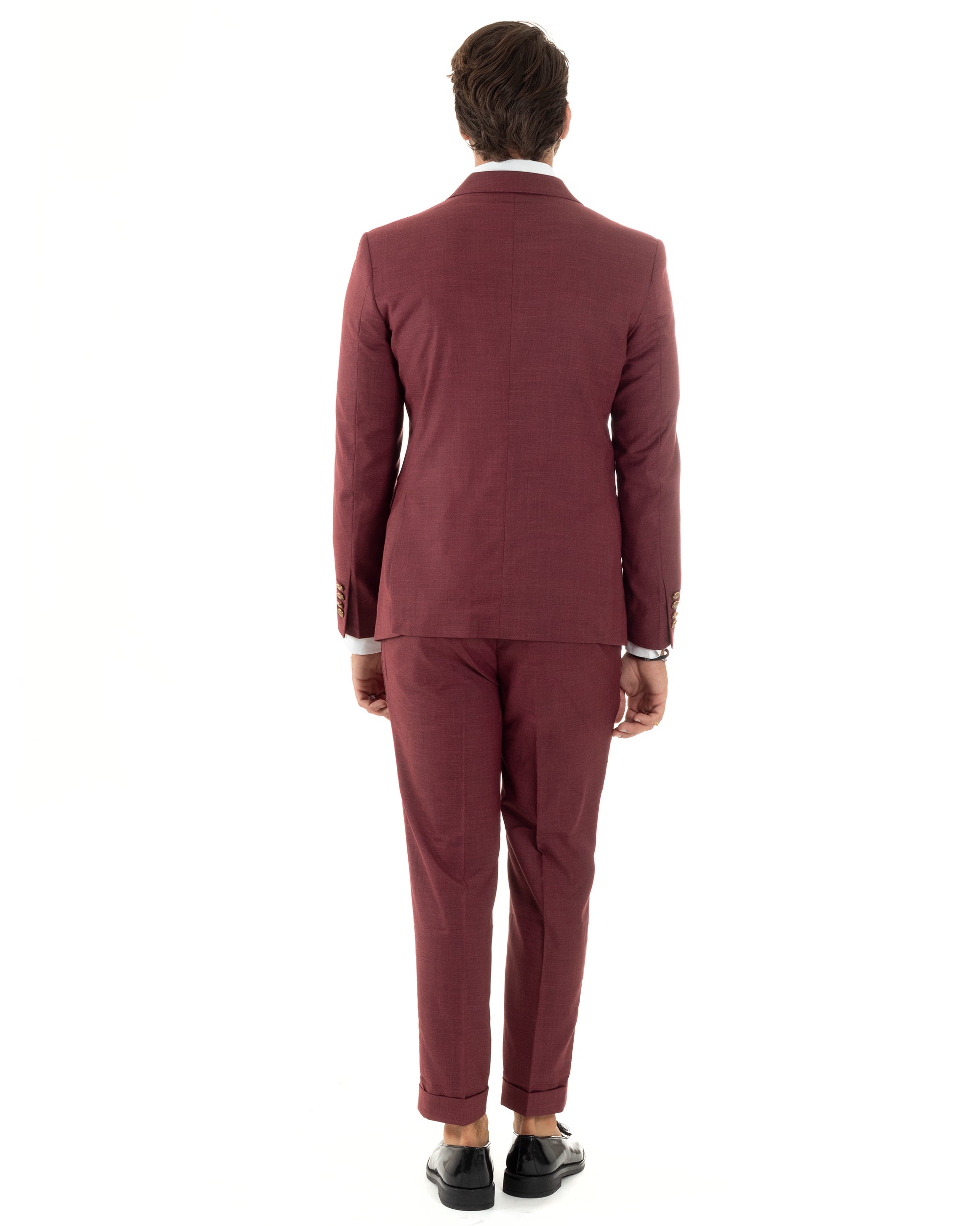 Abito Uomo Doppiopetto Vestito Completo Giacca Pantaloni Bottoni Metallo Bordeaux Melangiato AE1080A