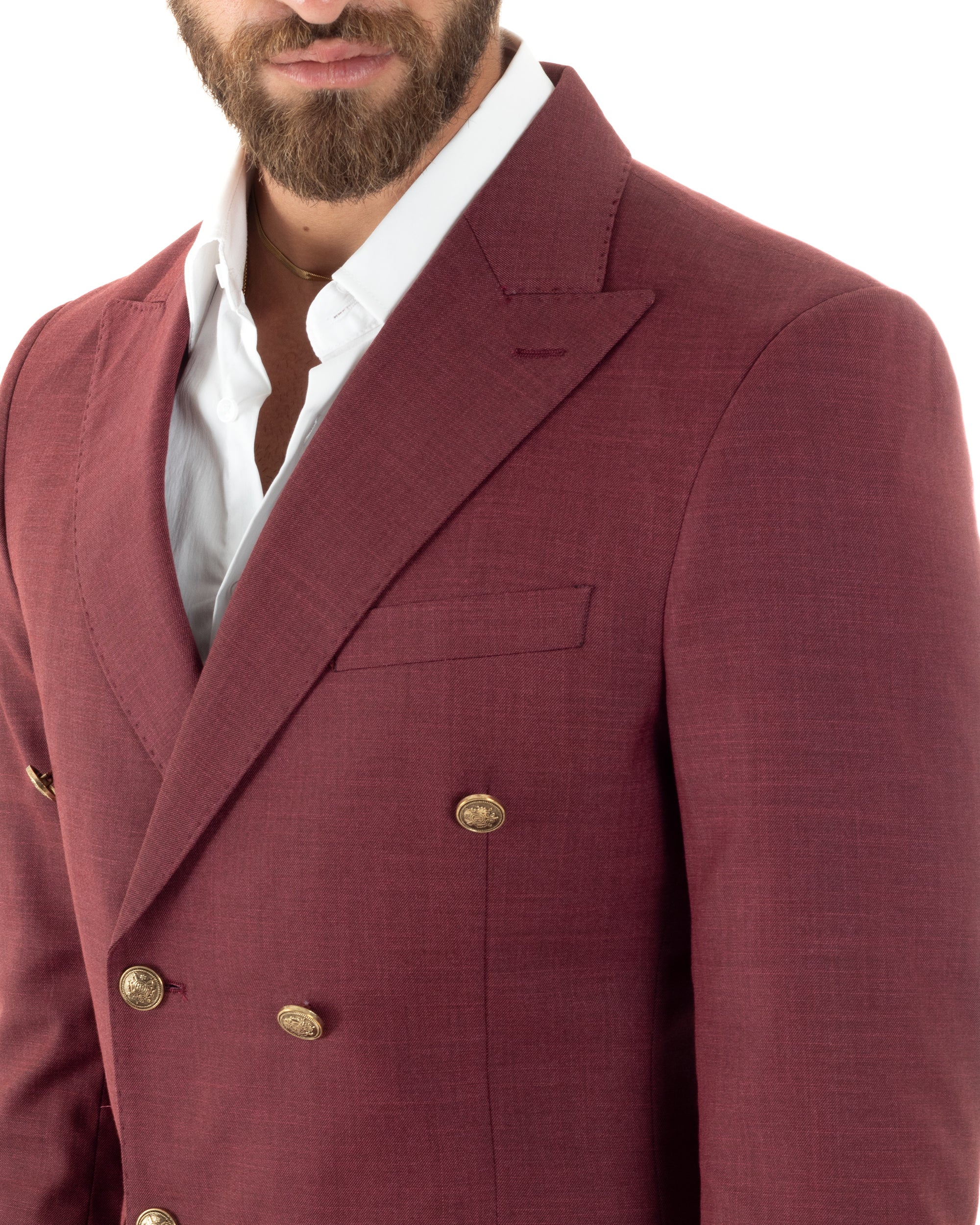Abito Uomo Doppiopetto Vestito Completo Giacca Pantaloni Bottoni Metallo Bordeaux Melangiato AE1080A