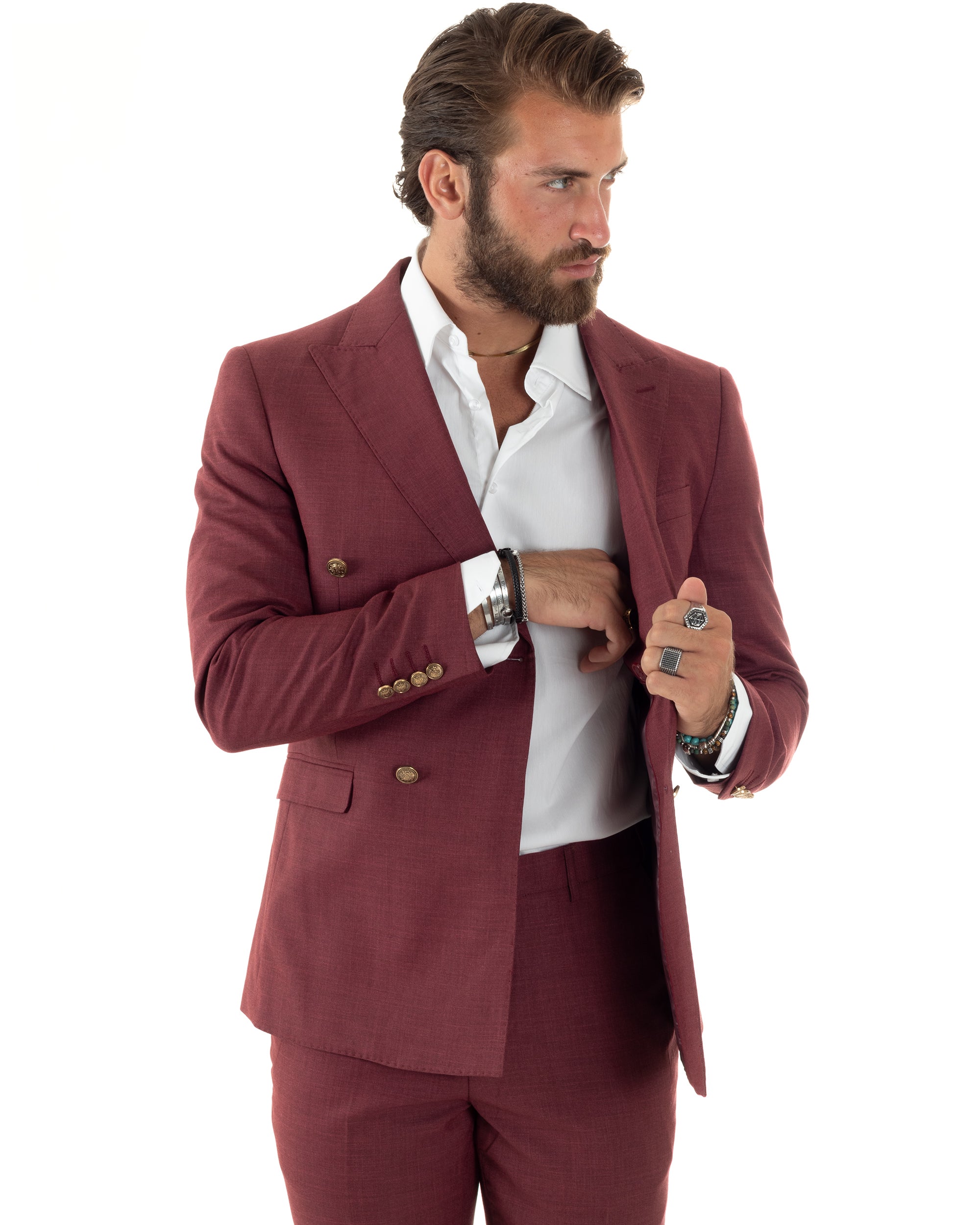 Abito Uomo Doppiopetto Vestito Completo Giacca Pantaloni Bottoni Metallo Bordeaux Melangiato AE1080A