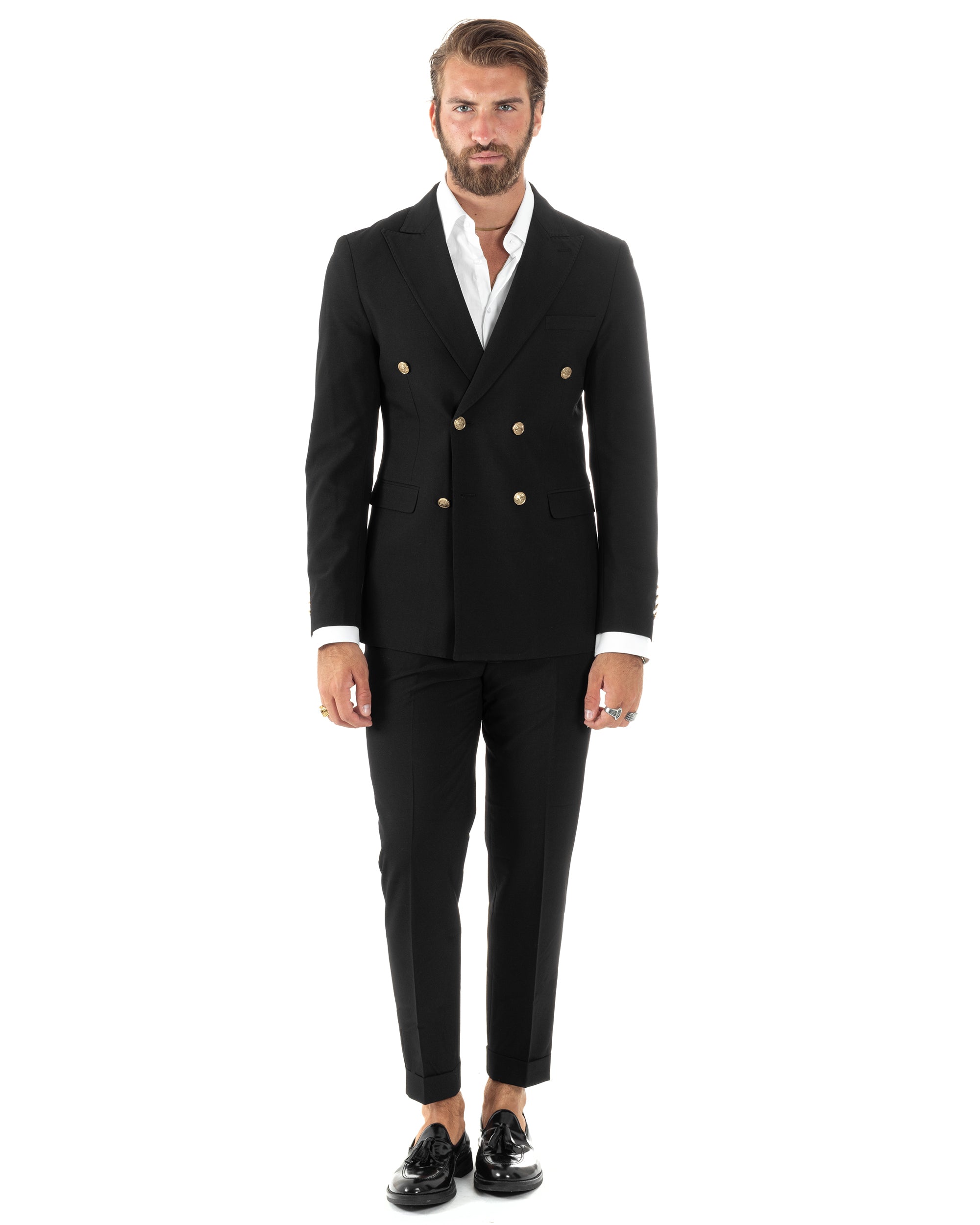 Abito Uomo Doppiopetto Vestito Completo Giacca Pantaloni Bottoni Metallo Nero Melangiato Elegante Casual GIOSAL-AE1081A