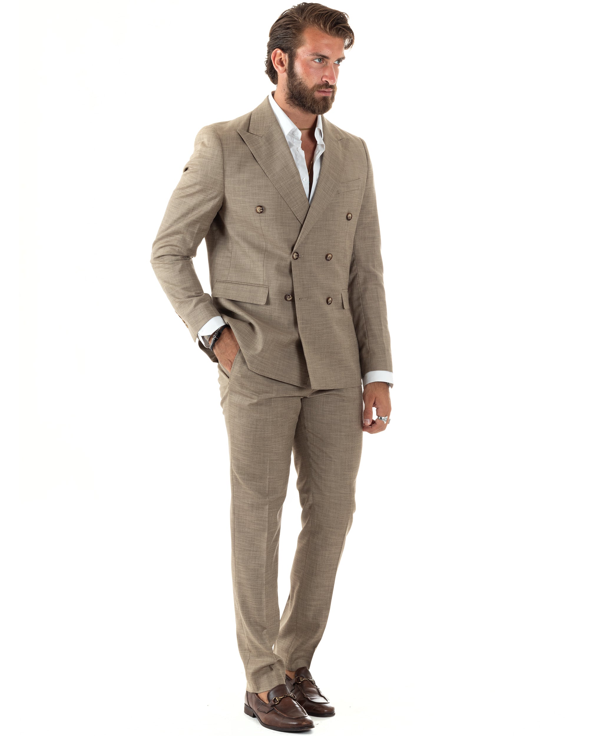 Abito Uomo Doppiopetto Vestito Viscosa Completo Giacca Pantaloni Elegante Cerimonia Sabbia Melangiato GIOSAL-AE1082A