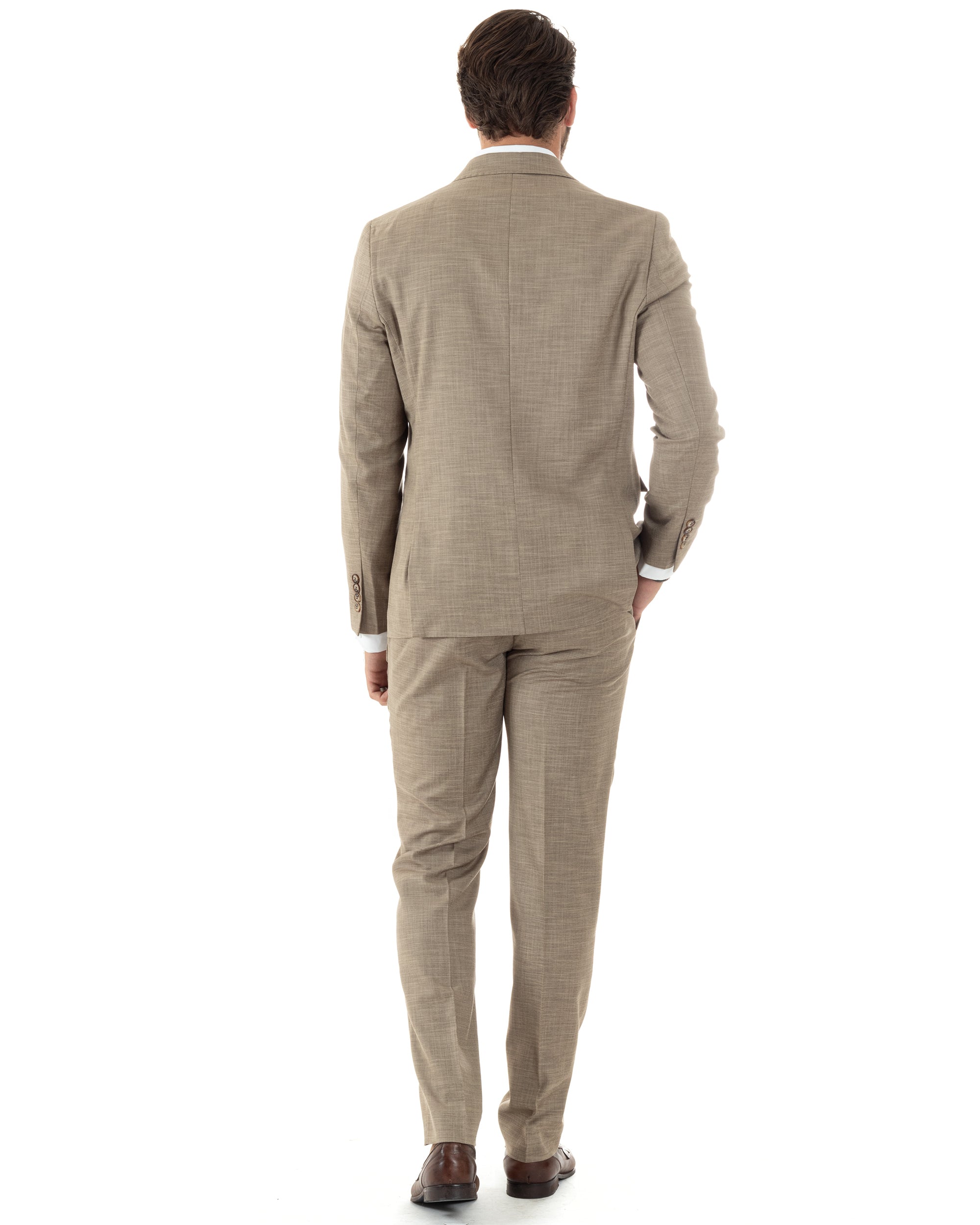Abito Uomo Doppiopetto Vestito Viscosa Completo Giacca Pantaloni Sabbia Melangiato AE1082A