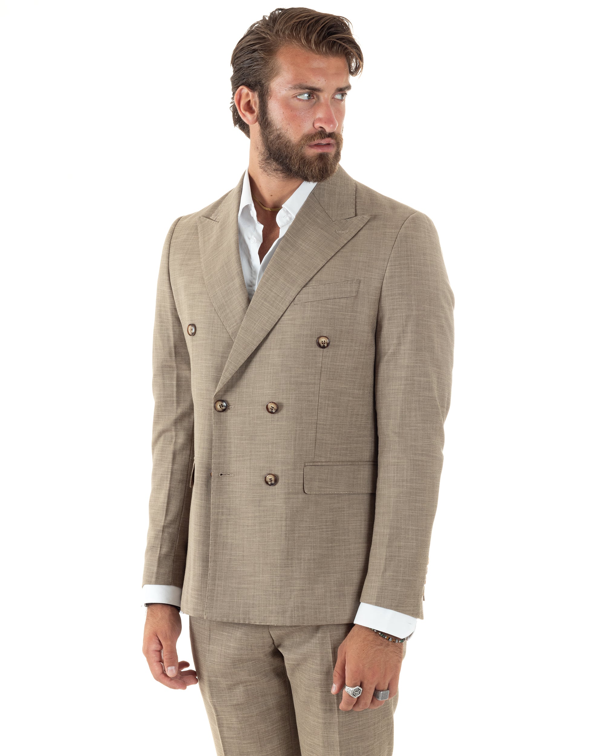 Abito Uomo Doppiopetto Vestito Viscosa Completo Giacca Pantaloni Sabbia Melangiato AE1082A
