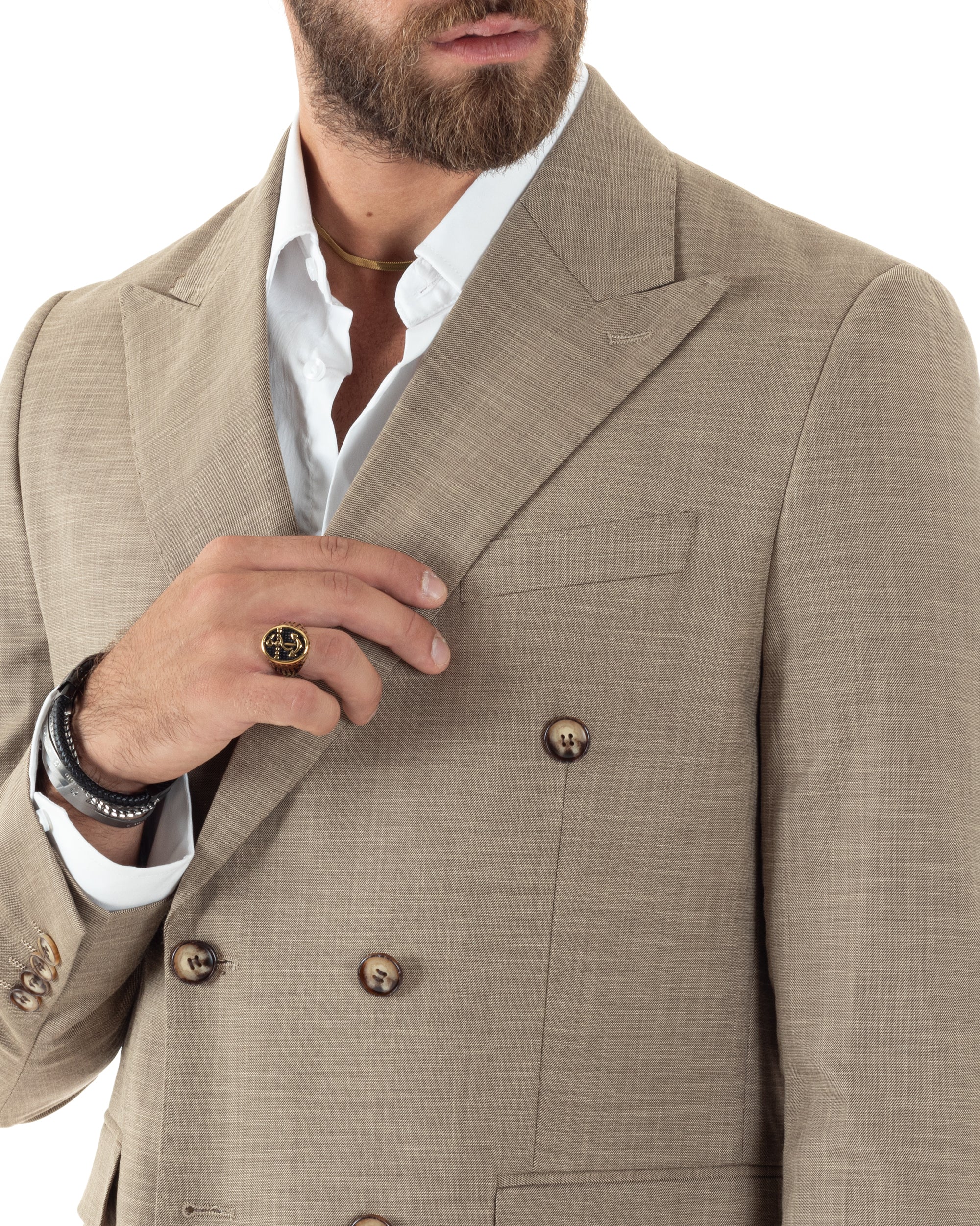 Abito Uomo Doppiopetto Vestito Viscosa Completo Giacca Pantaloni Sabbia Melangiato AE1082A