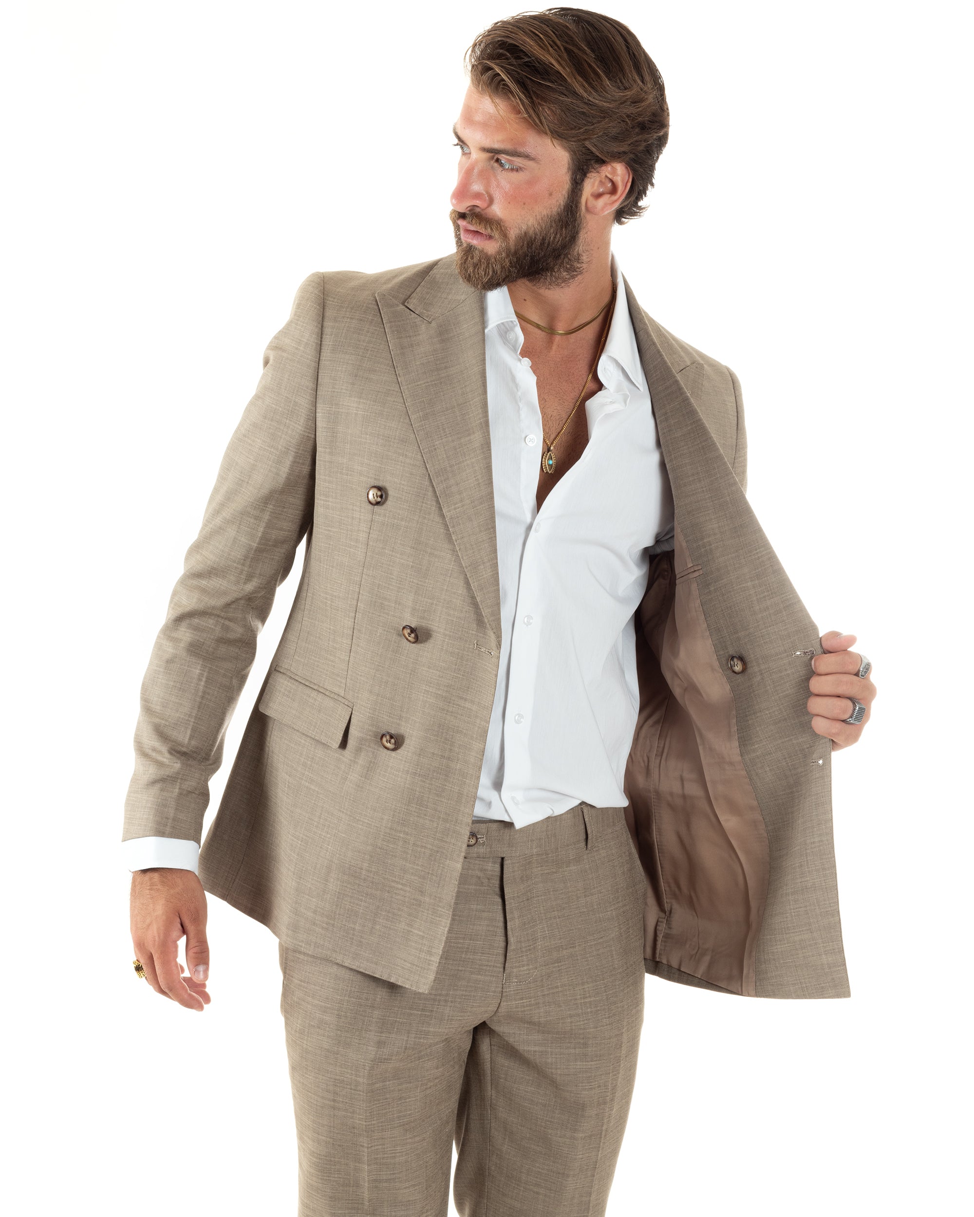 Abito Uomo Doppiopetto Vestito Viscosa Completo Giacca Pantaloni Elegante Cerimonia Sabbia Melangiato GIOSAL-AE1082A