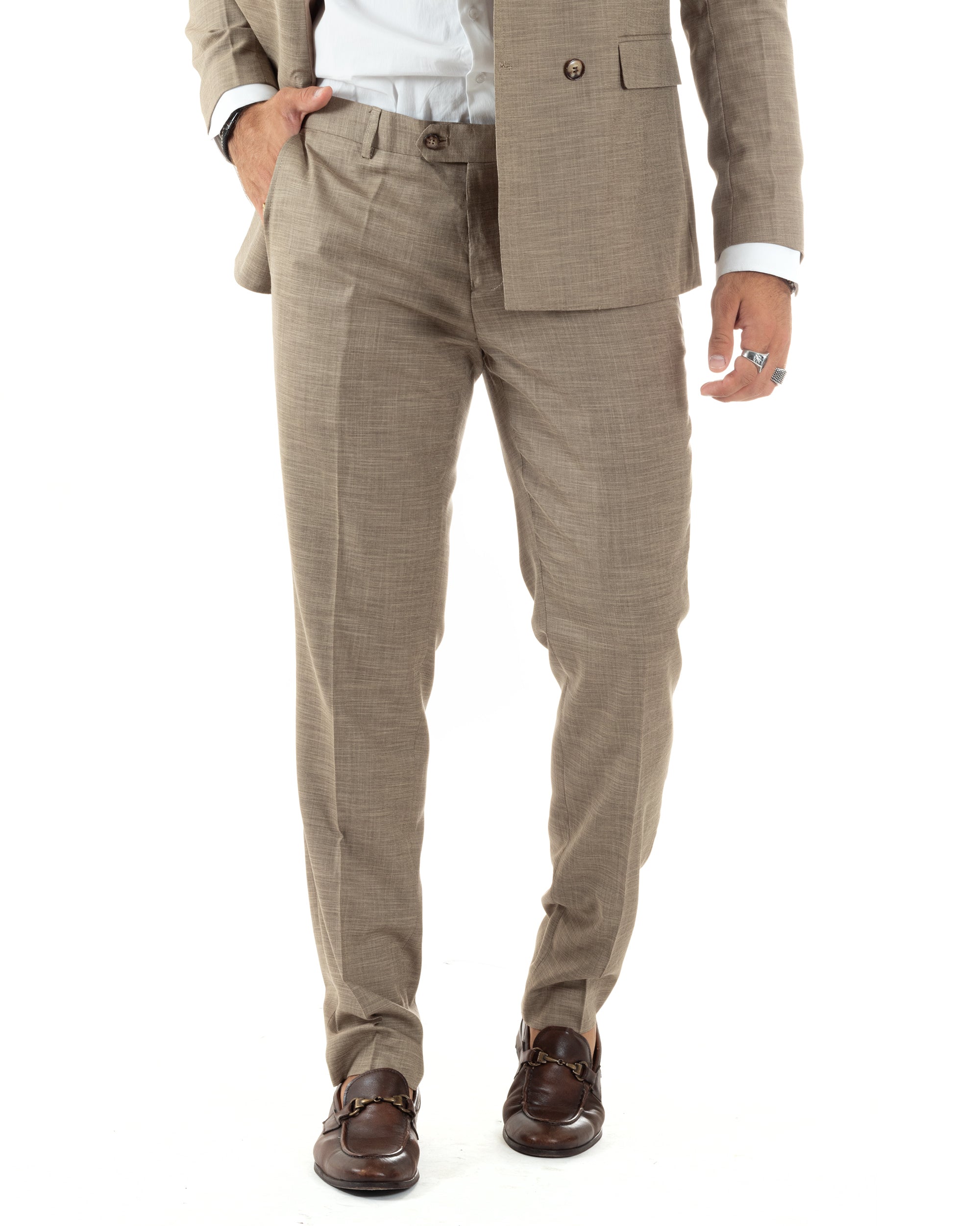 Abito Uomo Doppiopetto Vestito Viscosa Completo Giacca Pantaloni Elegante Cerimonia Sabbia Melangiato GIOSAL-AE1082A