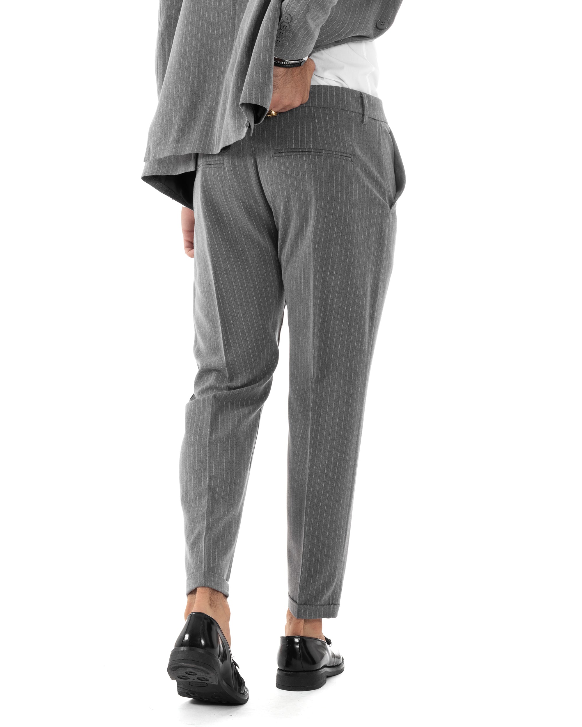 Abito Uomo Monopetto Completo Rigato Giacca Pantaloni Vestito Viscosa Elegante Casual Fantasia Gessata Grigio GIOSAL-AE1085A