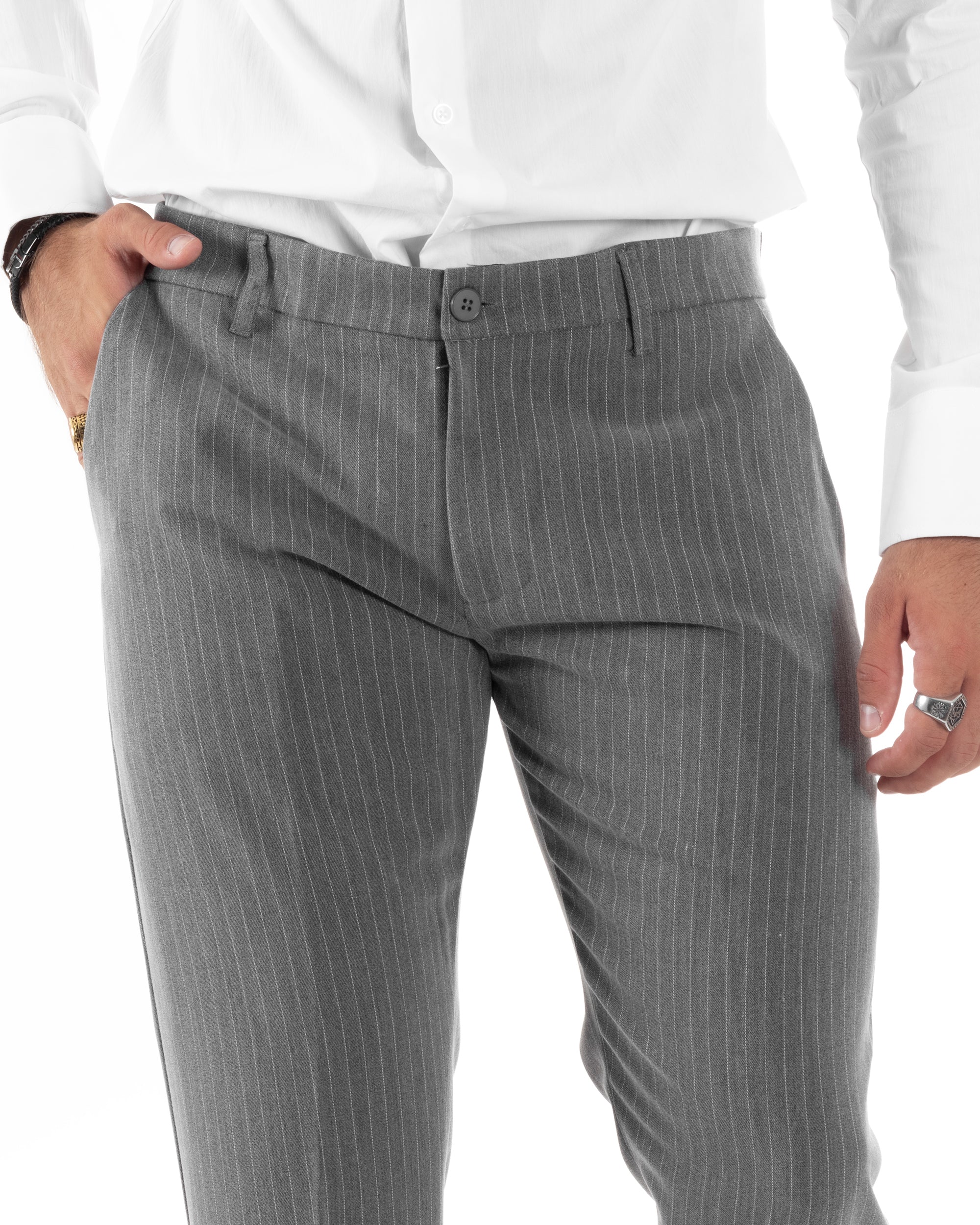 Abito Uomo Monopetto Completo Rigato Giacca Pantaloni Vestito Viscosa Elegante Casual Fantasia Gessata Grigio GIOSAL-AE1085A
