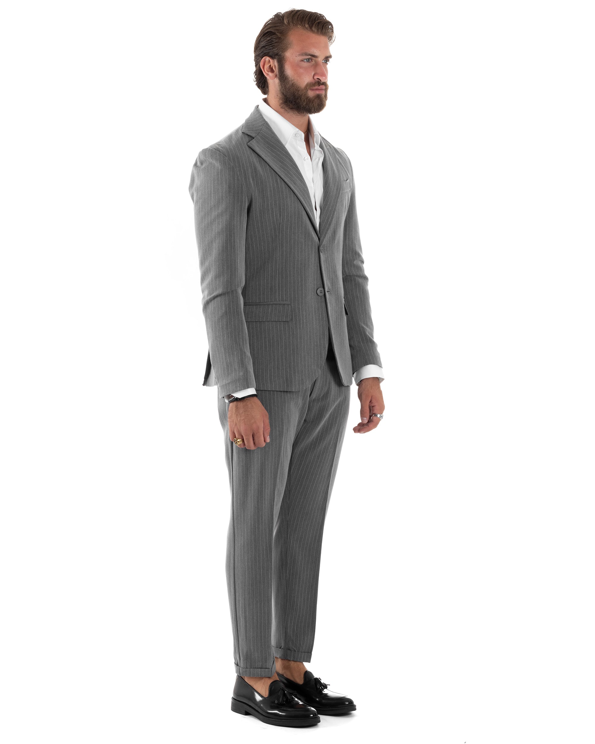 Abito Uomo Monopetto Completo Rigato Giacca Pantaloni Vestito Viscosa Elegante Casual Fantasia Gessata Grigio GIOSAL-AE1085A