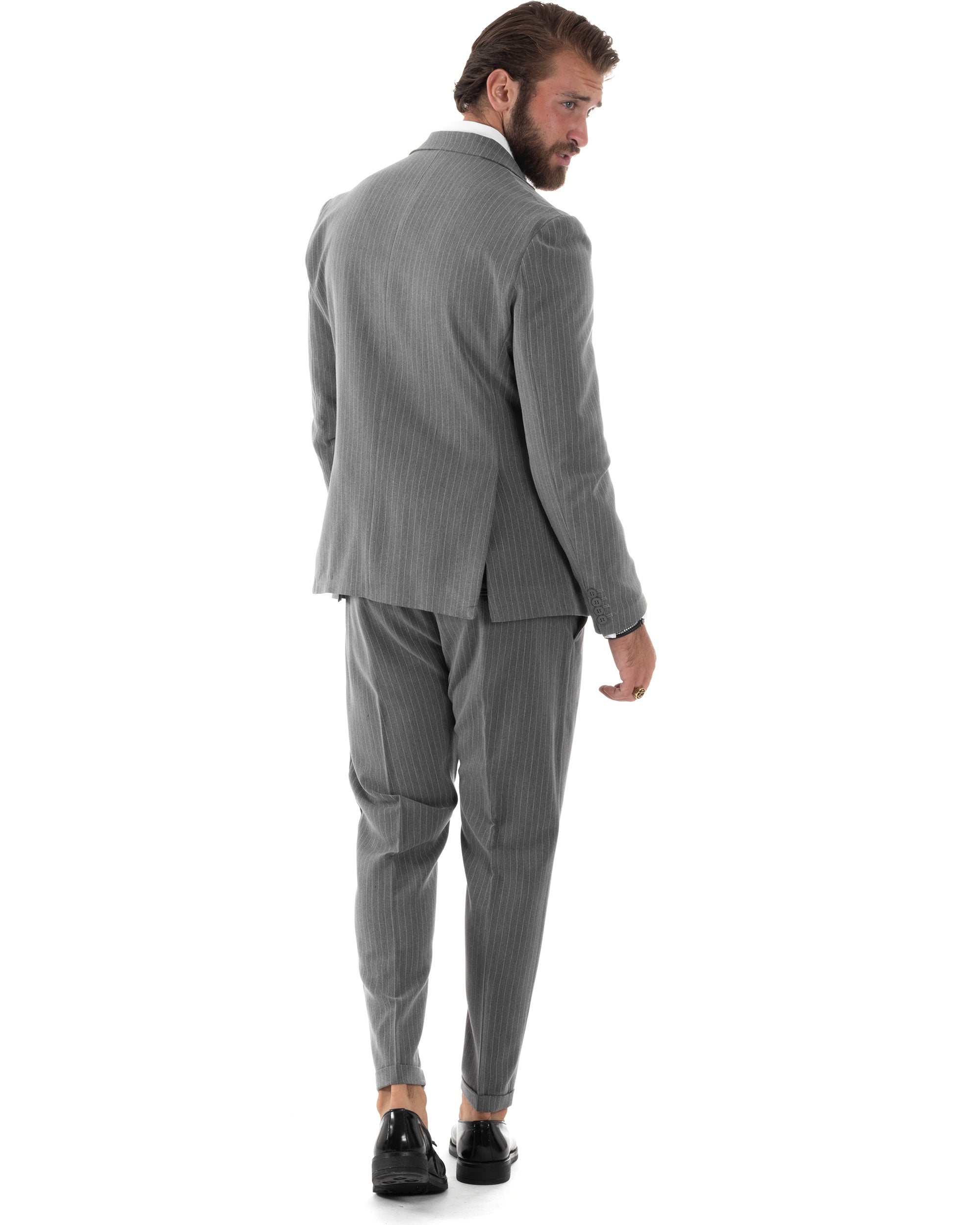 Abito Uomo Monopetto Completo Rigato Giacca Pantaloni Vestito Viscosa Elegante Casual Fantasia Gessata Grigio GIOSAL-AE1085A