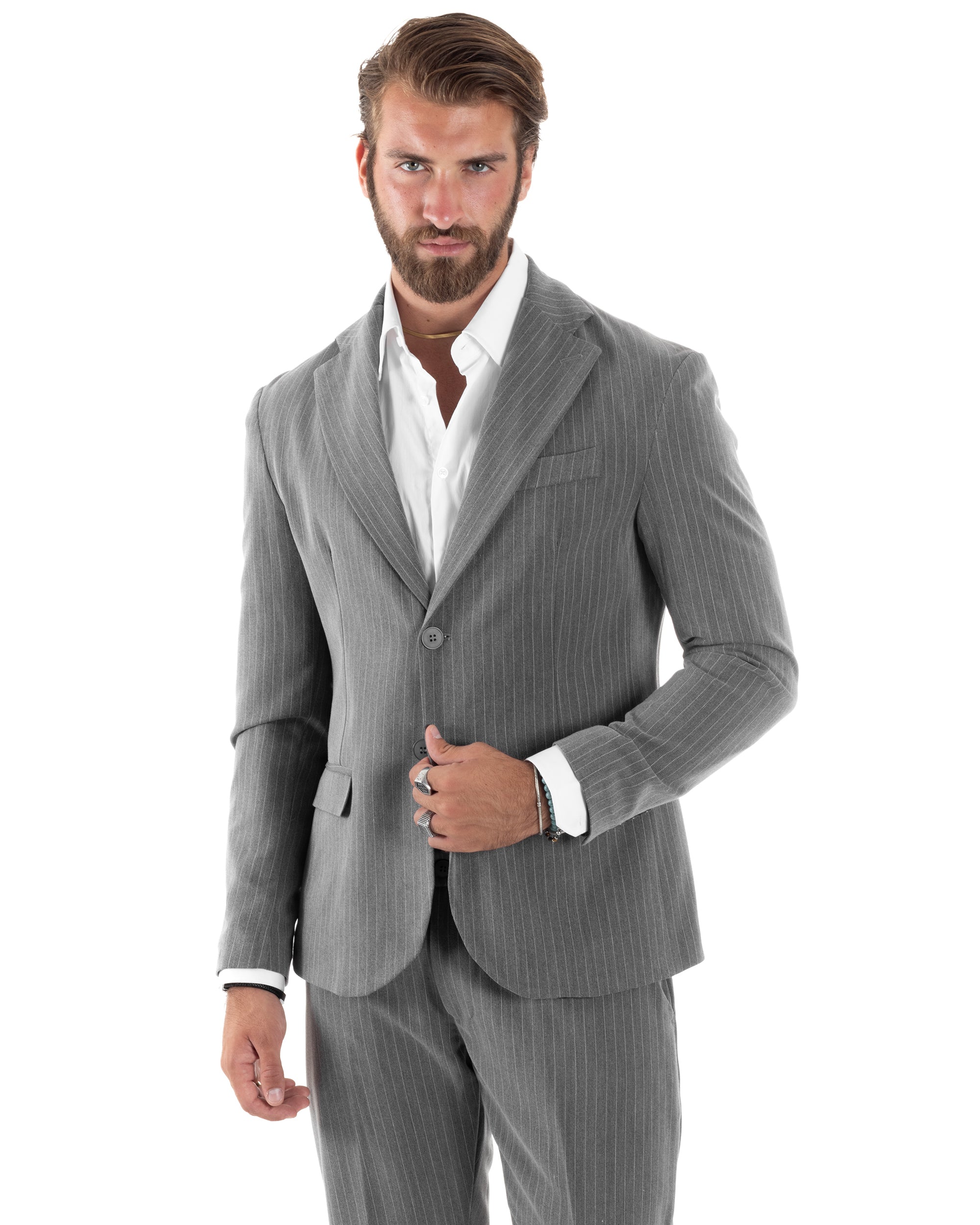 Abito Uomo Monopetto Completo Rigato Giacca Pantaloni Vestito Viscosa Elegante Casual Fantasia Gessata Grigio GIOSAL-AE1085A