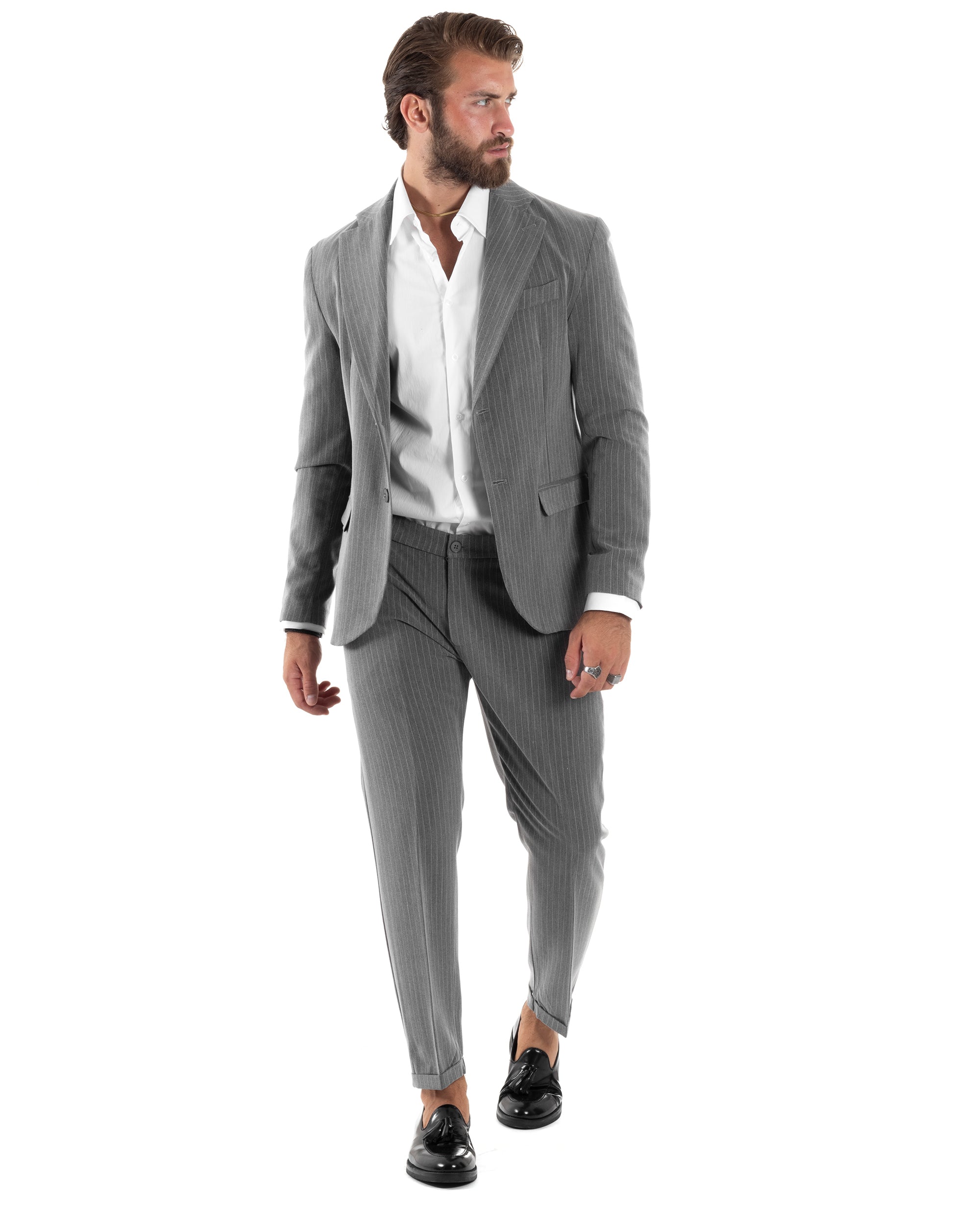 Abito Uomo Monopetto Completo Rigato Giacca Pantaloni Vestito Viscosa Elegante Casual Fantasia Gessata Grigio GIOSAL-AE1085A