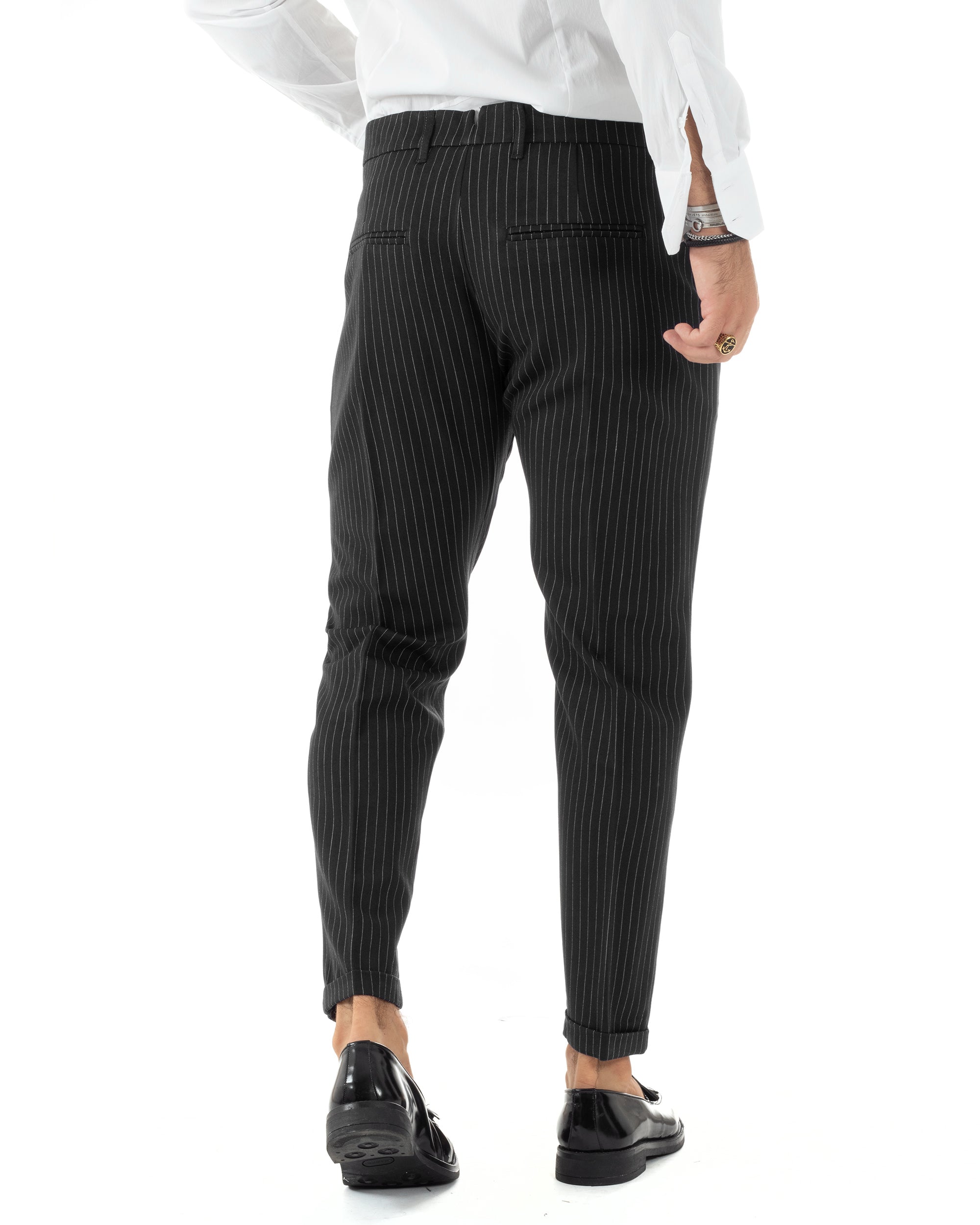Abito Uomo Monopetto Completo Rigato Giacca Pantaloni Vestito Viscosa Elegante Casual Fantasia Gessata Nero GIOSAL-AE1086A