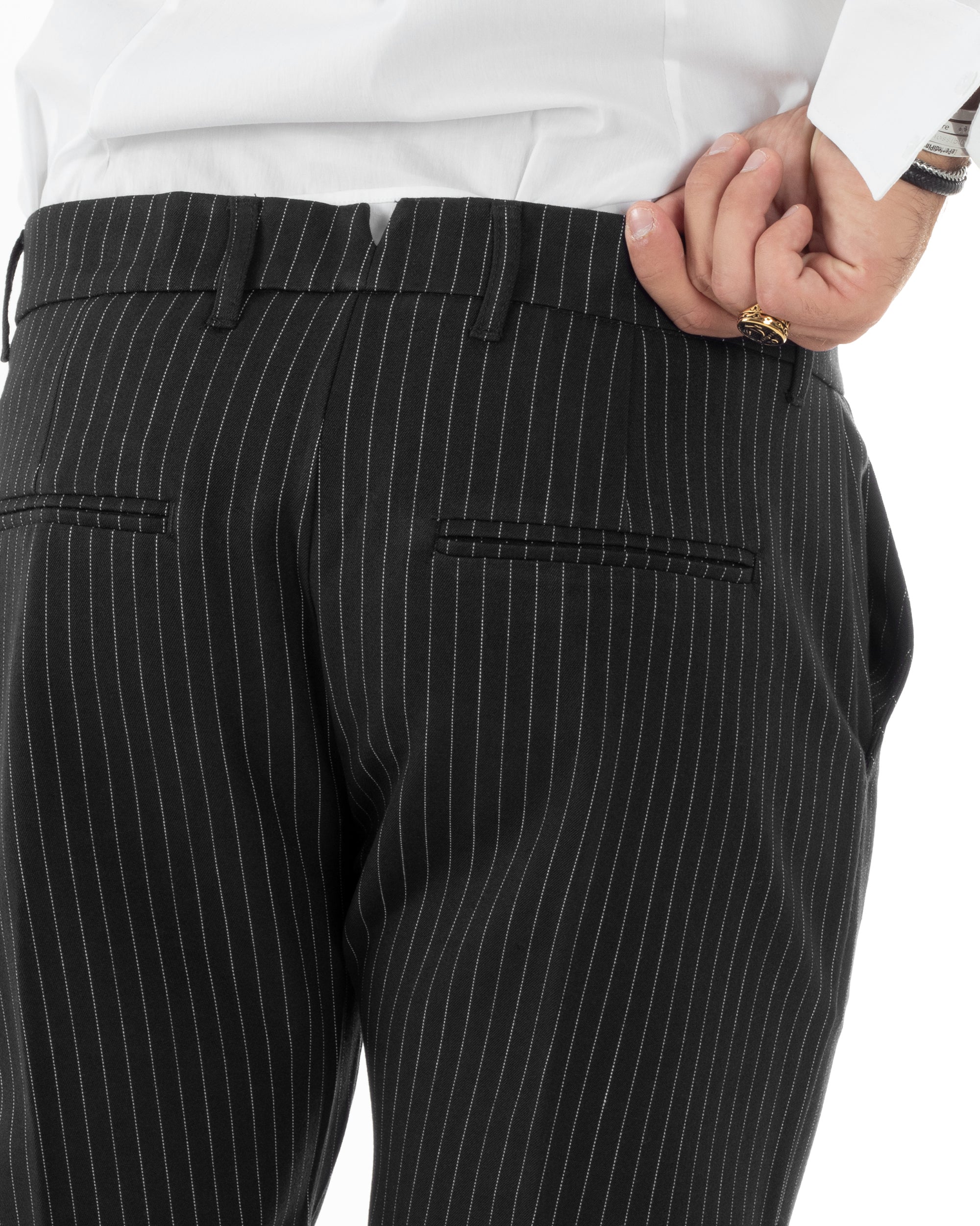 Abito Uomo Monopetto Completo Rigato Giacca Pantaloni Vestito Viscosa Elegante Casual Fantasia Gessata Nero GIOSAL-AE1086A