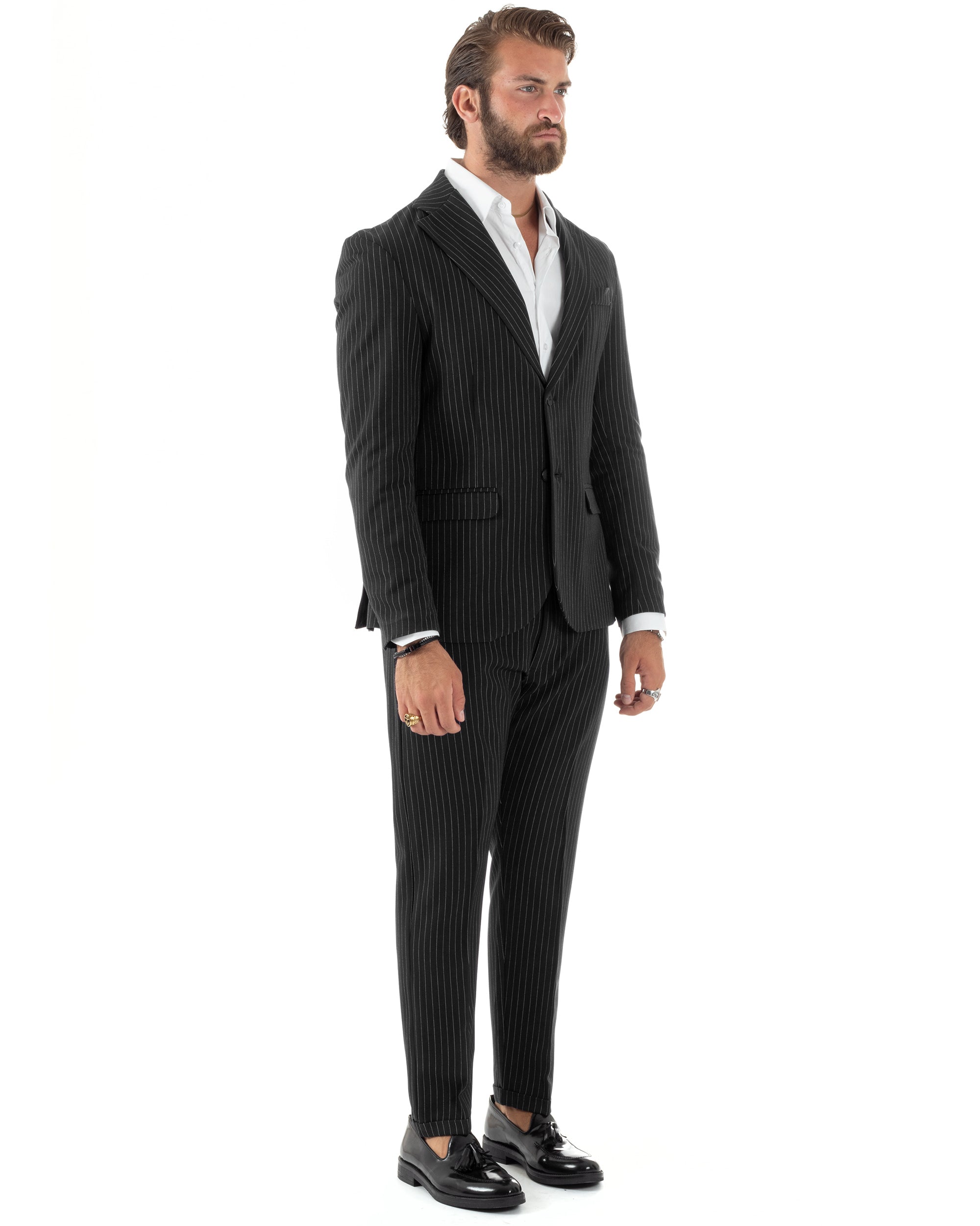 Abito Uomo Monopetto Completo Rigato Giacca Pantaloni Vestito Viscosa Elegante Casual Fantasia Gessata Nero GIOSAL-AE1086A