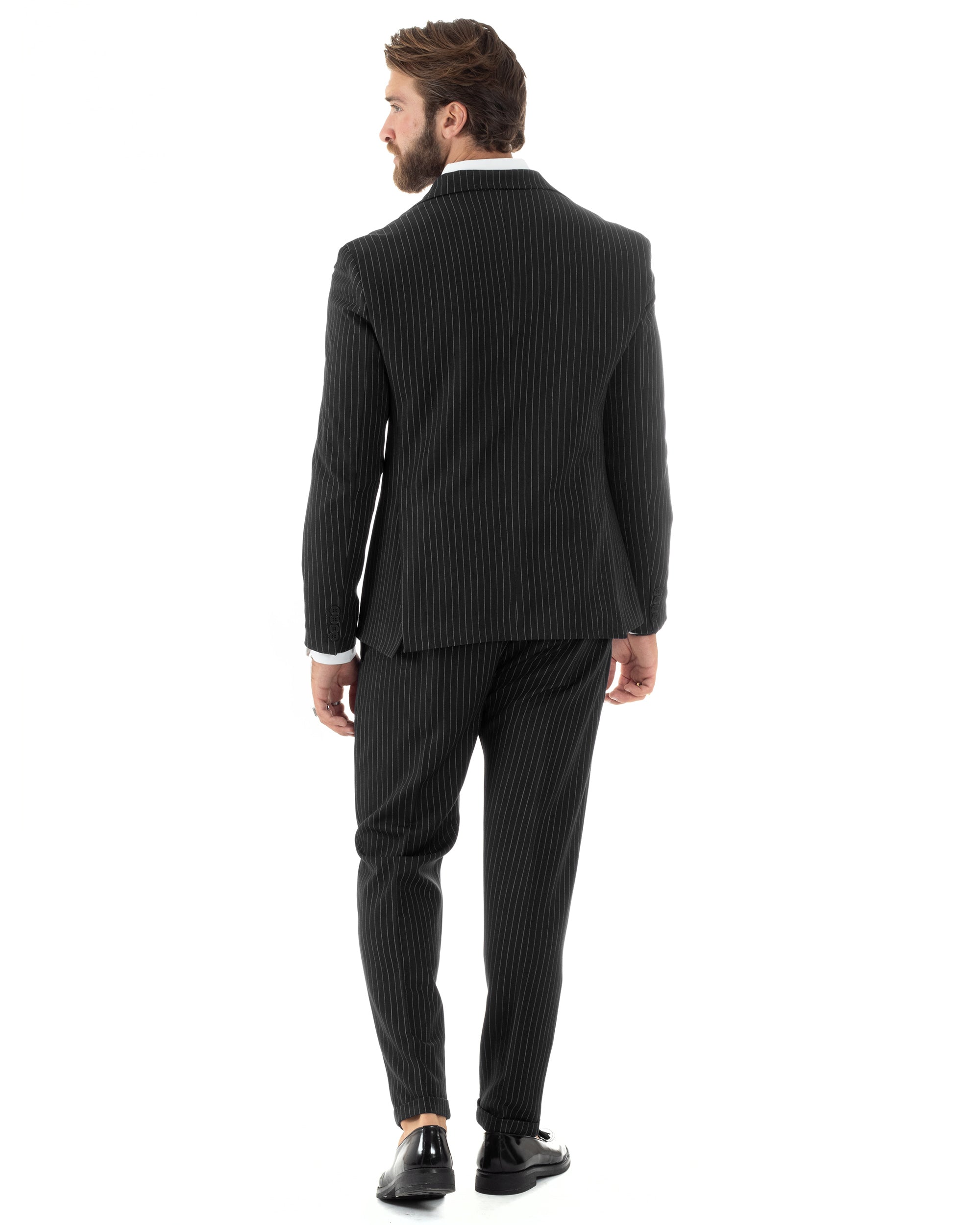 Abito Uomo Monopetto Completo Rigato Giacca Pantaloni Vestito Viscosa Elegante Casual Fantasia Gessata Nero GIOSAL-AE1086A