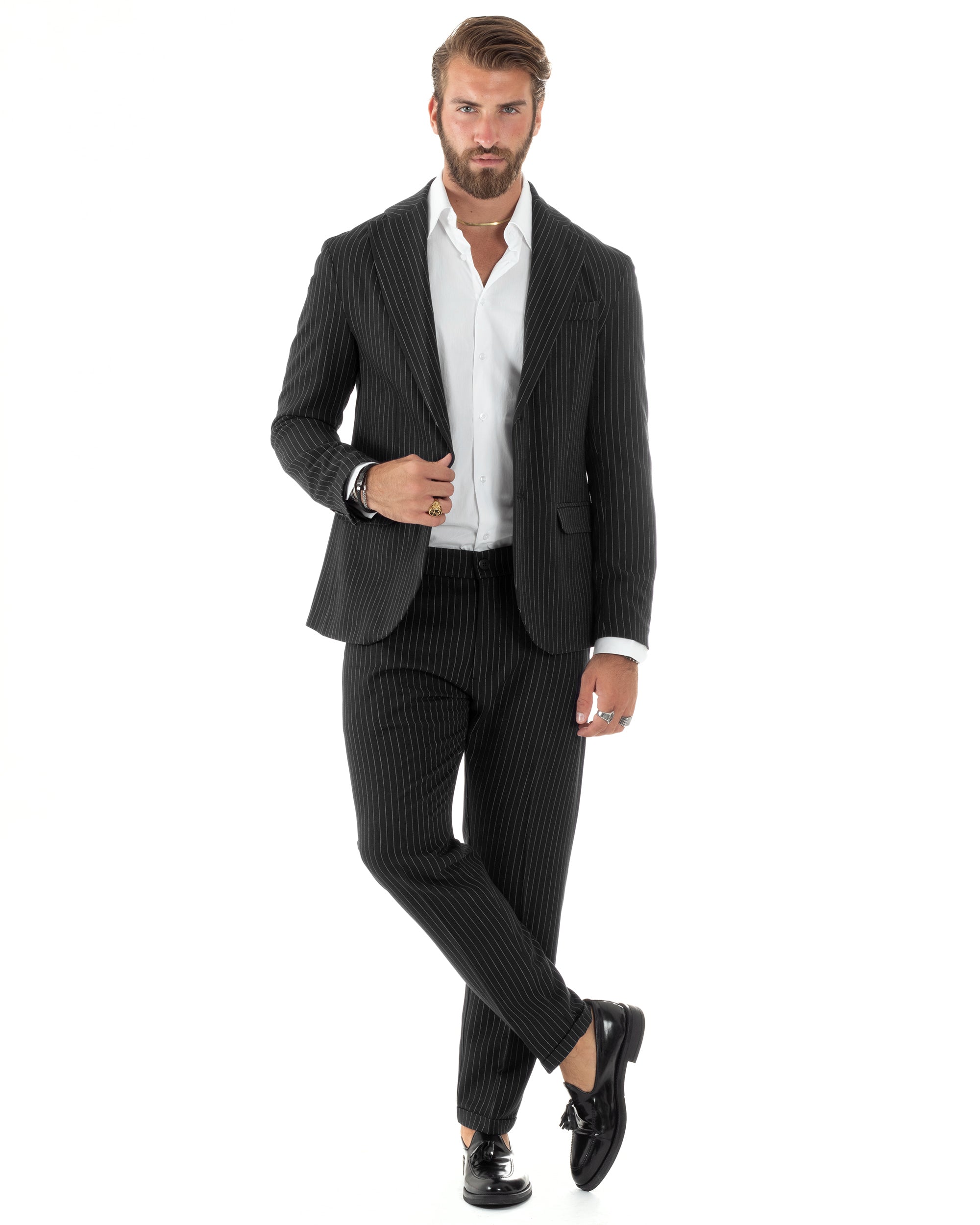Abito Uomo Monopetto Completo Rigato Giacca Pantaloni Vestito Viscosa Elegante Casual Fantasia Gessata Nero GIOSAL-AE1086A