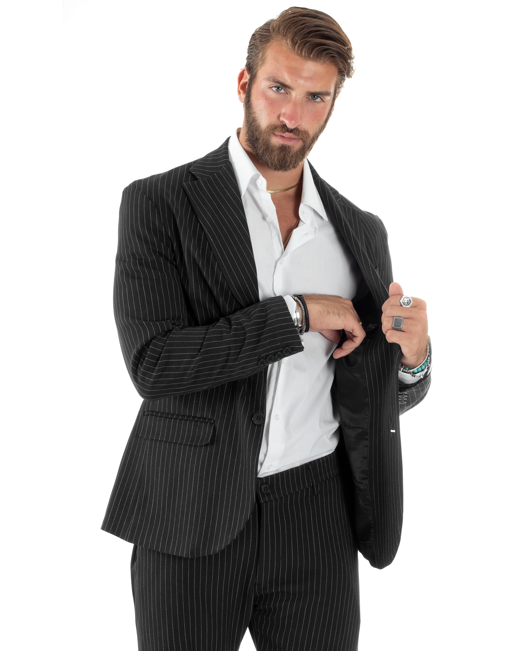 Abito Uomo Monopetto Completo Rigato Giacca Pantaloni Vestito Viscosa Elegante Casual Fantasia Gessata Nero GIOSAL-AE1086A