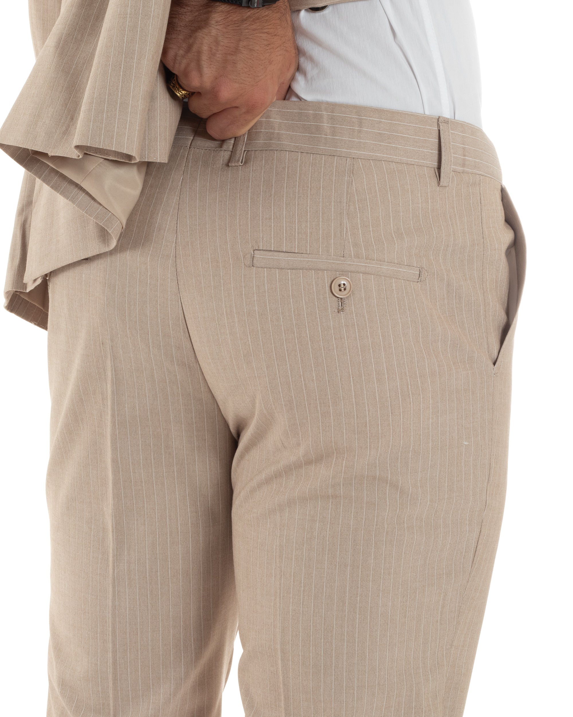 Abito Uomo Doppiopetto Vestito Completo Rigato Giacca Pantaloni Bottoni Metallo Fantasia Gessata Beige AE1088A