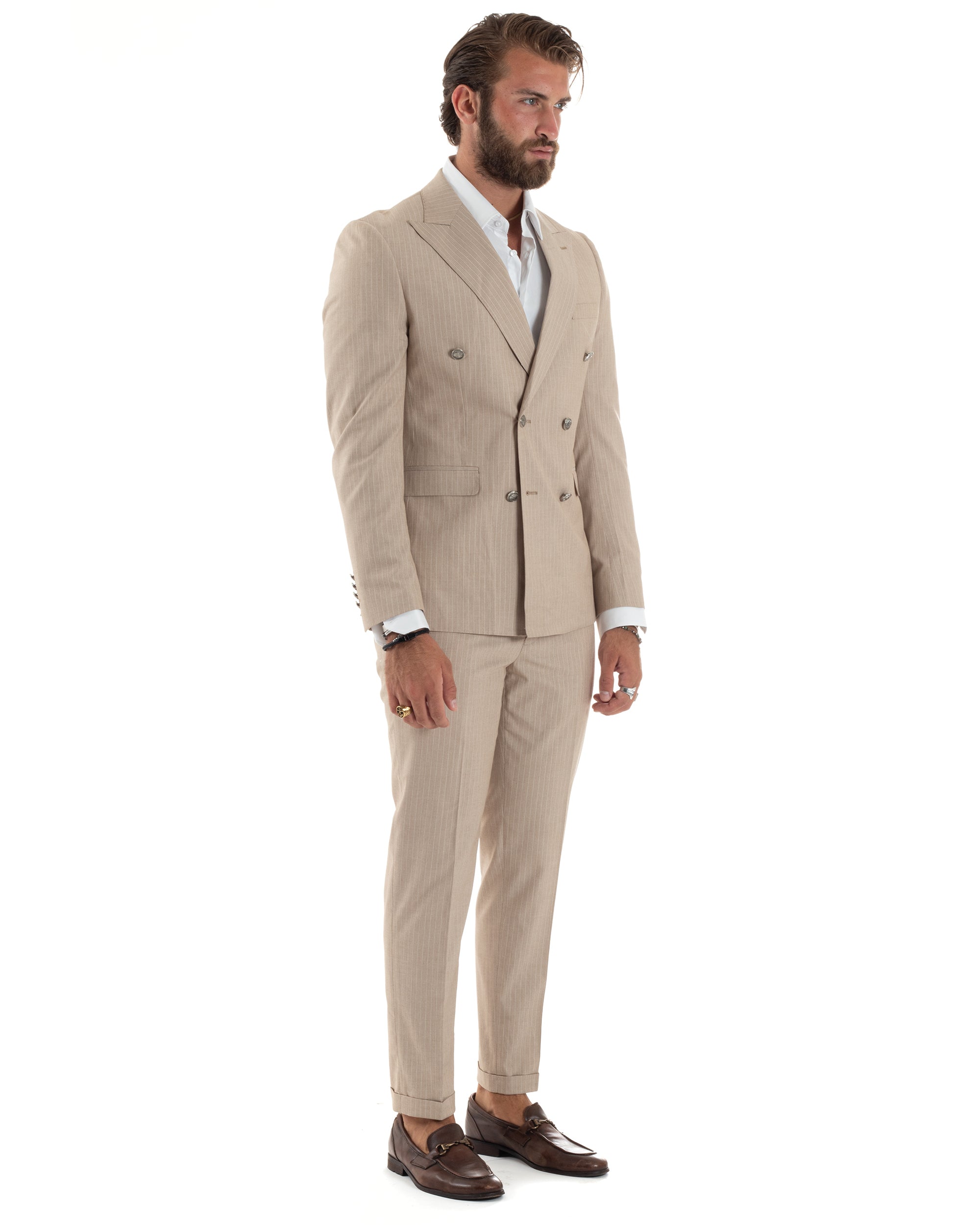 Abito Uomo Doppiopetto Vestito Completo Rigato Giacca Pantaloni Bottoni Metallo Fantasia Gessata Beige AE1088A