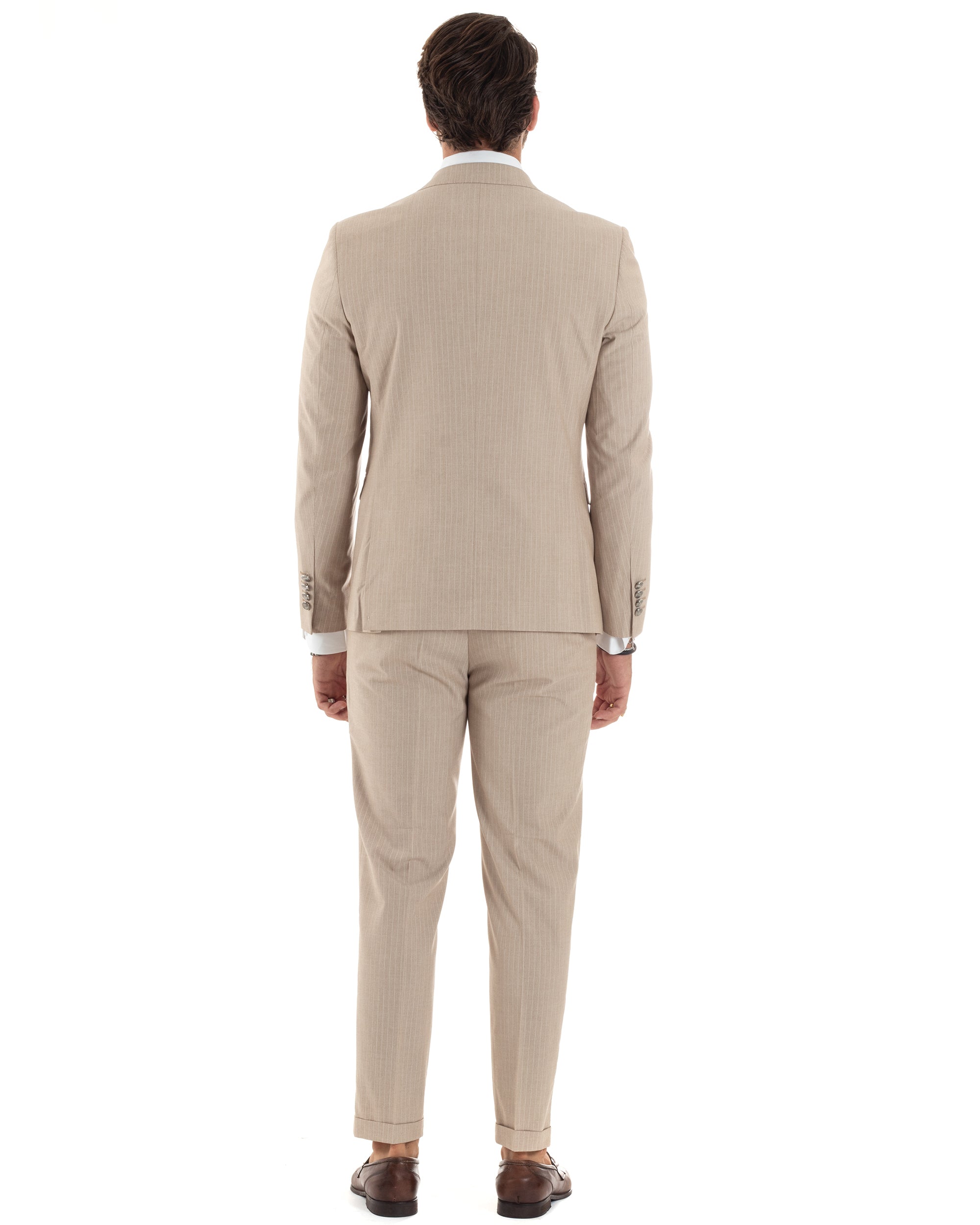 Abito Uomo Doppiopetto Vestito Completo Rigato Giacca Pantaloni Bottoni Metallo Fantasia Gessata Beige AE1088A