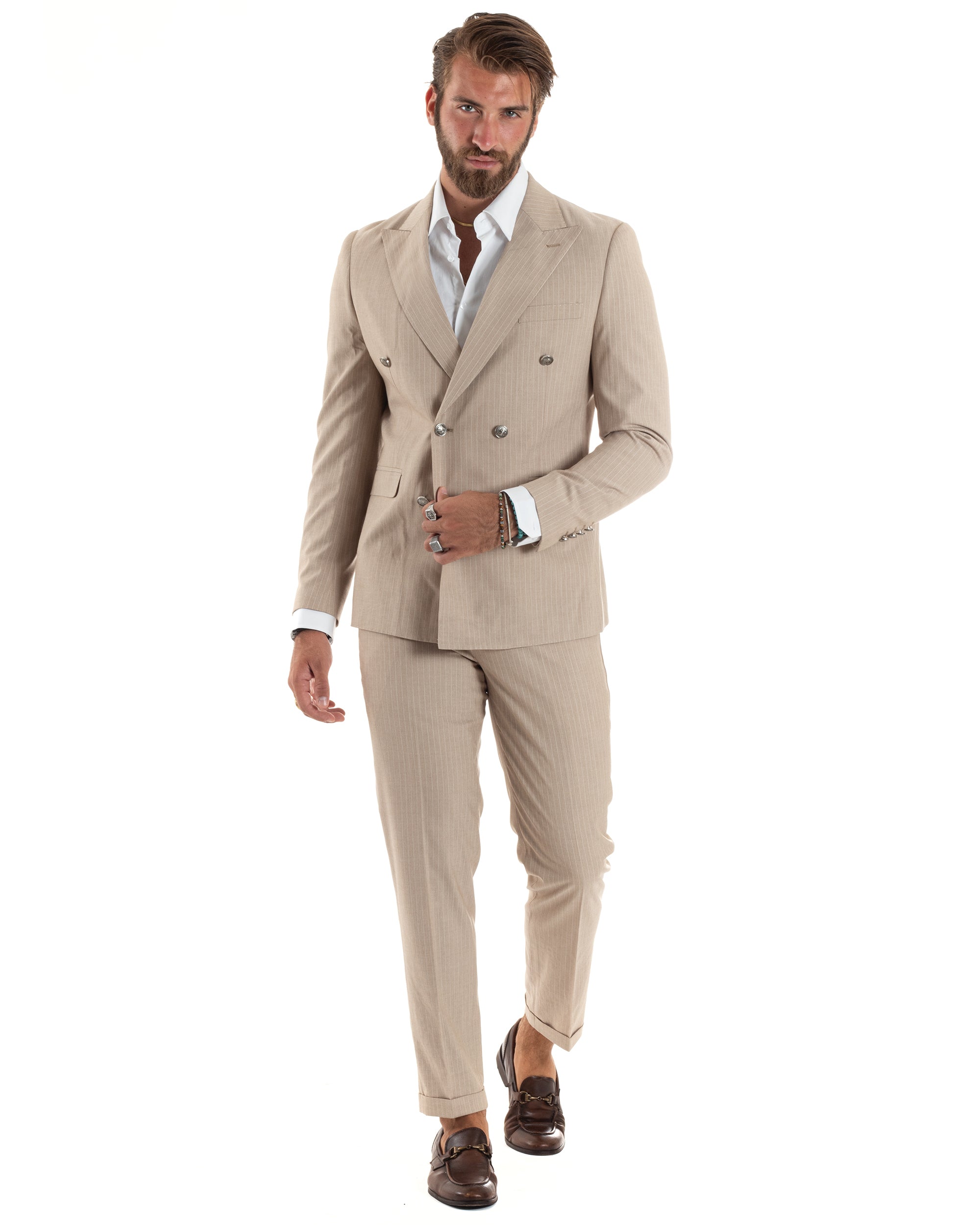 Abito Uomo Doppiopetto Vestito Completo Rigato Giacca Pantaloni Bottoni Metallo Fantasia Gessata Beige AE1088A