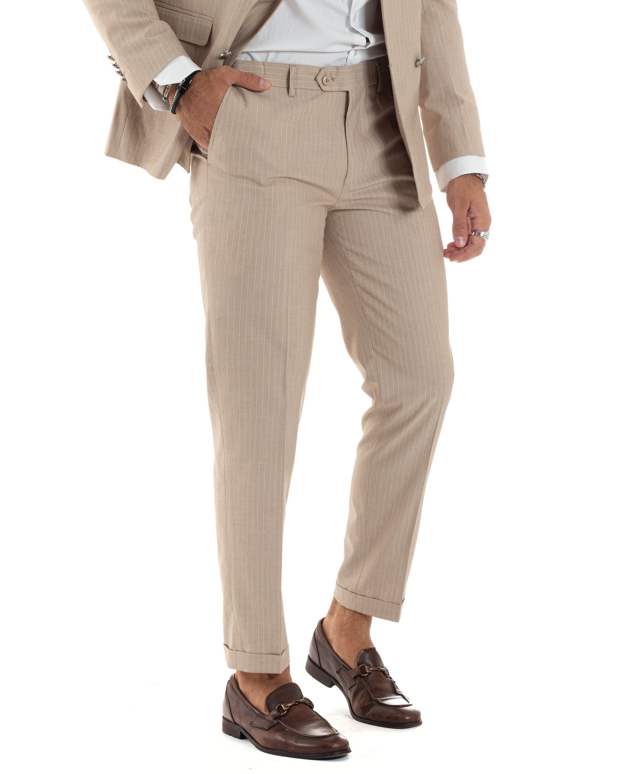 Abito Uomo Doppiopetto Vestito Completo Rigato Elegante Sartoriale Giacca Pantaloni Bottoni Metallo Fantasia Gessata Beige GIOSAL-AE1088A