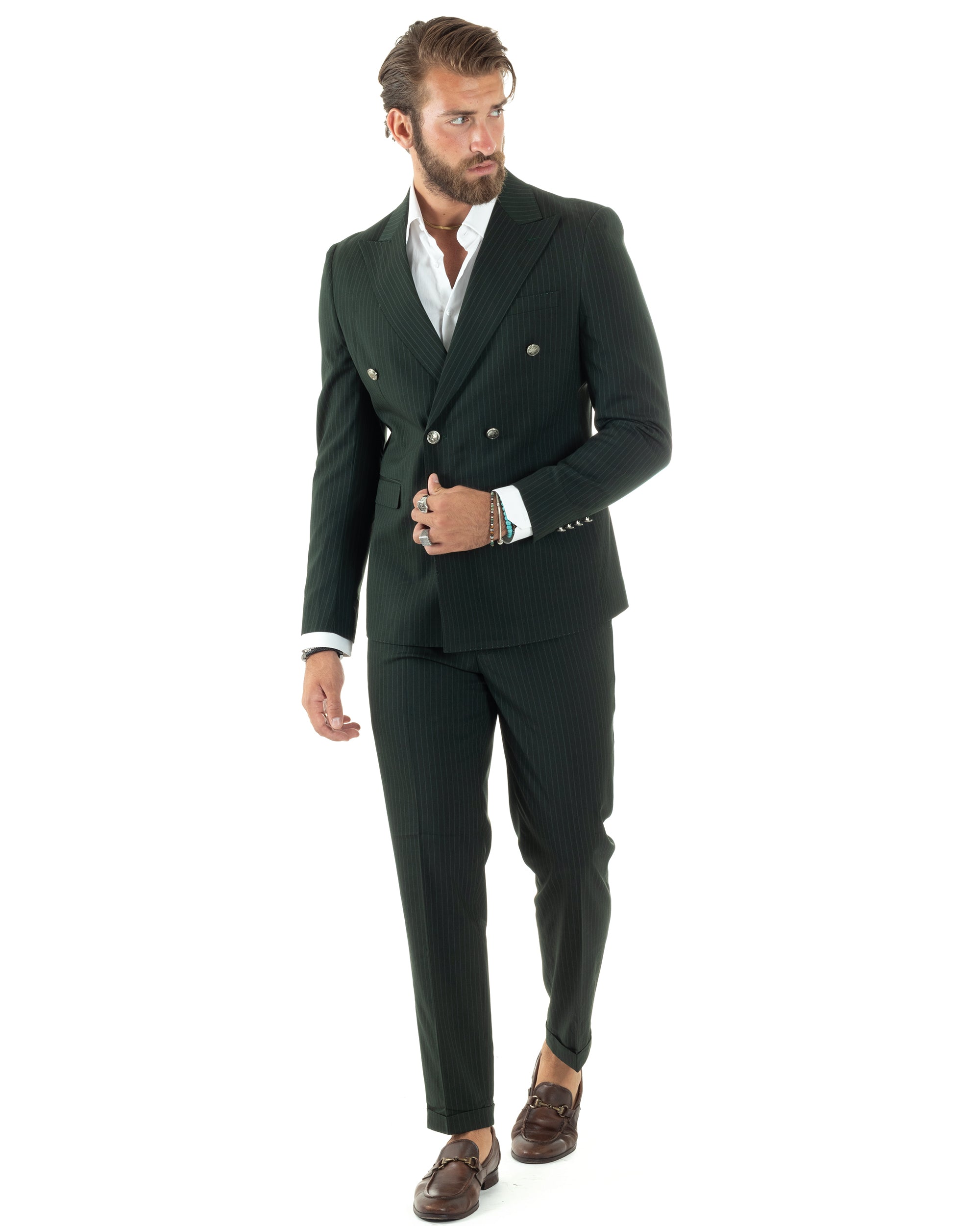 Abito Uomo Doppiopetto Vestito Completo Rigato Elegante Sartoriale Giacca Pantaloni Bottoni Metallo Fantasia Gessata Verde GIOSAL-AE1089A