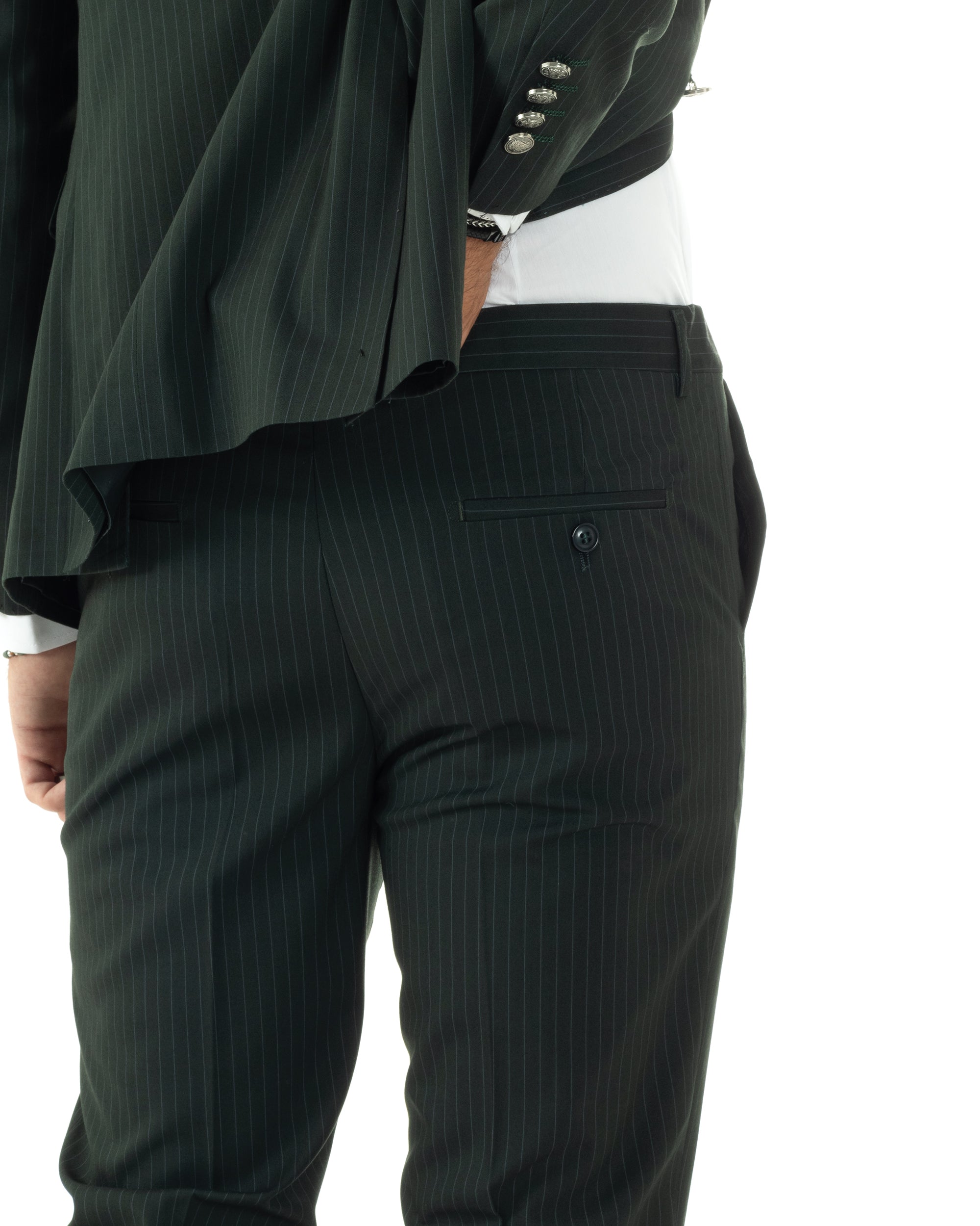 Abito Uomo Doppiopetto Vestito Completo Rigato Giacca Pantaloni Bottoni Metallo Fantasia Gessata Verde AE1089A