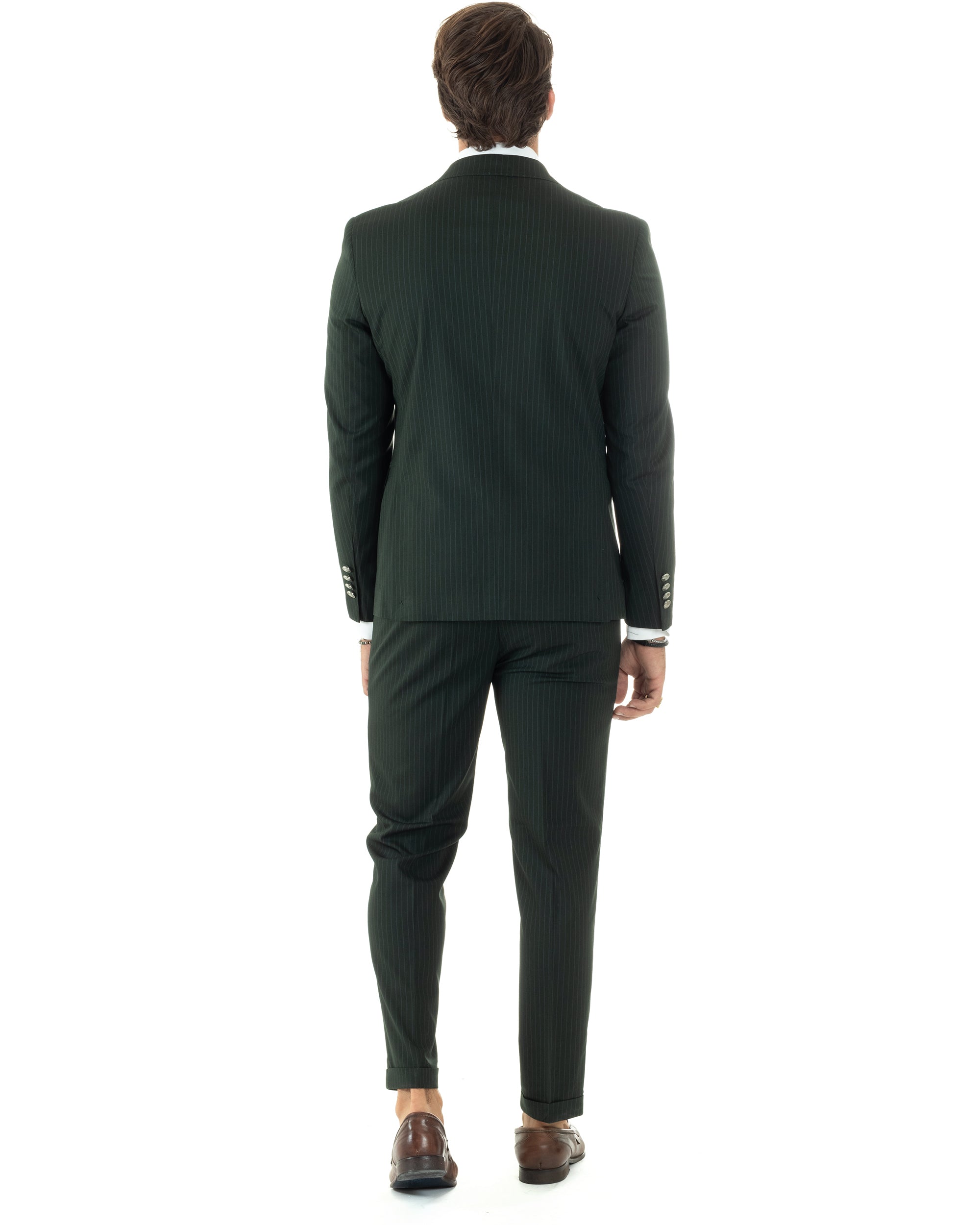 Abito Uomo Doppiopetto Vestito Completo Rigato Giacca Pantaloni Bottoni Metallo Fantasia Gessata Verde AE1089A