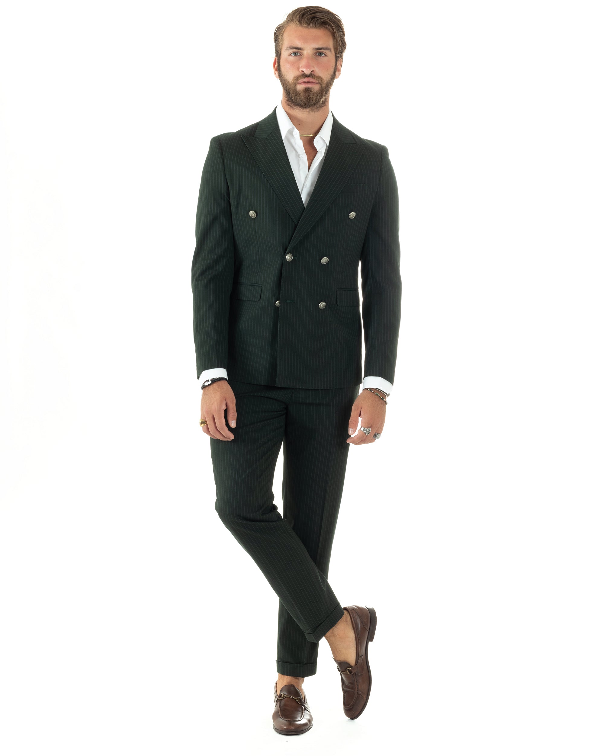 Abito Uomo Doppiopetto Vestito Completo Rigato Elegante Sartoriale Giacca Pantaloni Bottoni Metallo Fantasia Gessata Verde GIOSAL-AE1089A