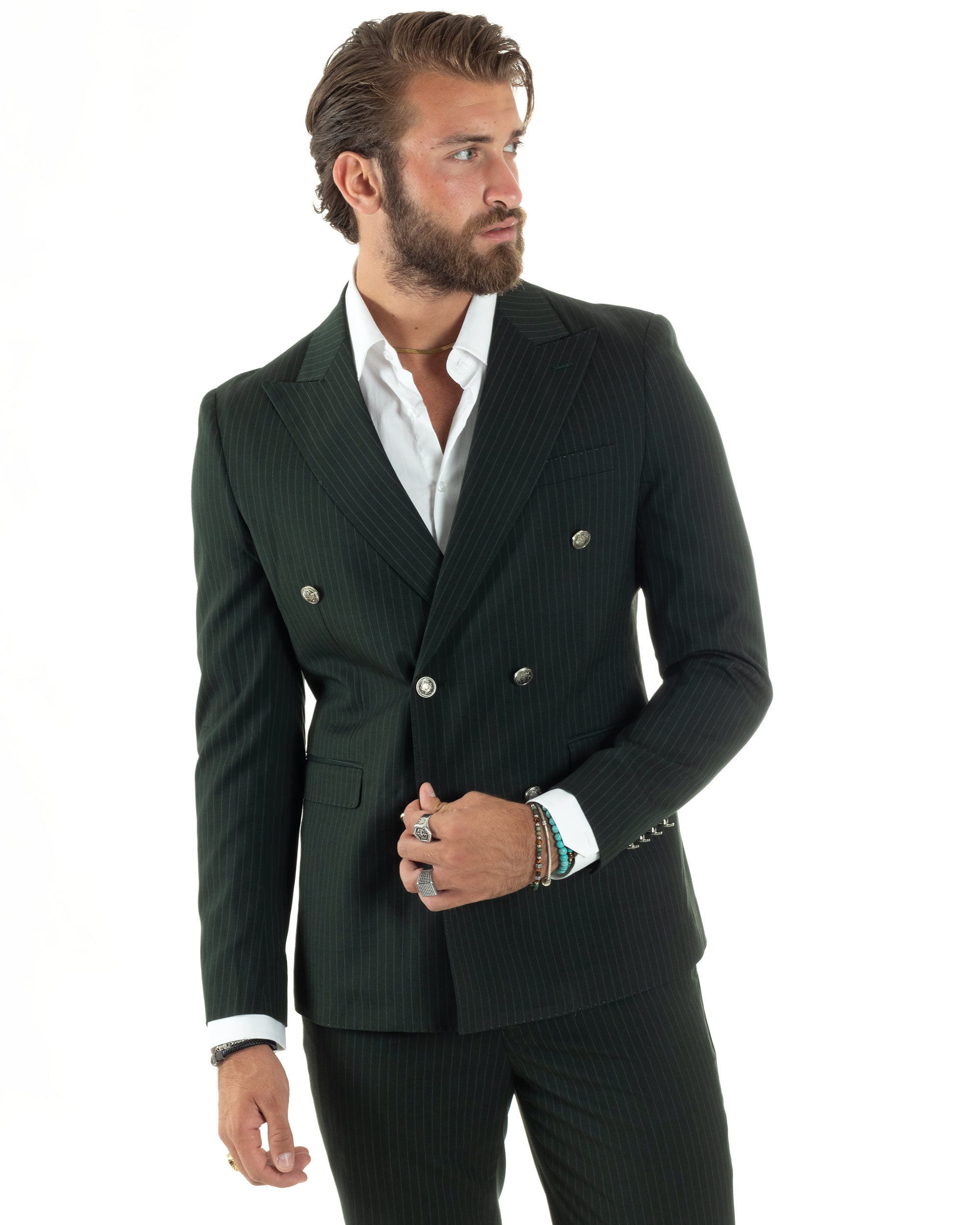 Abito Uomo Doppiopetto Vestito Completo Rigato Elegante Sartoriale Giacca Pantaloni Bottoni Metallo Fantasia Gessata Verde GIOSAL-AE1089A