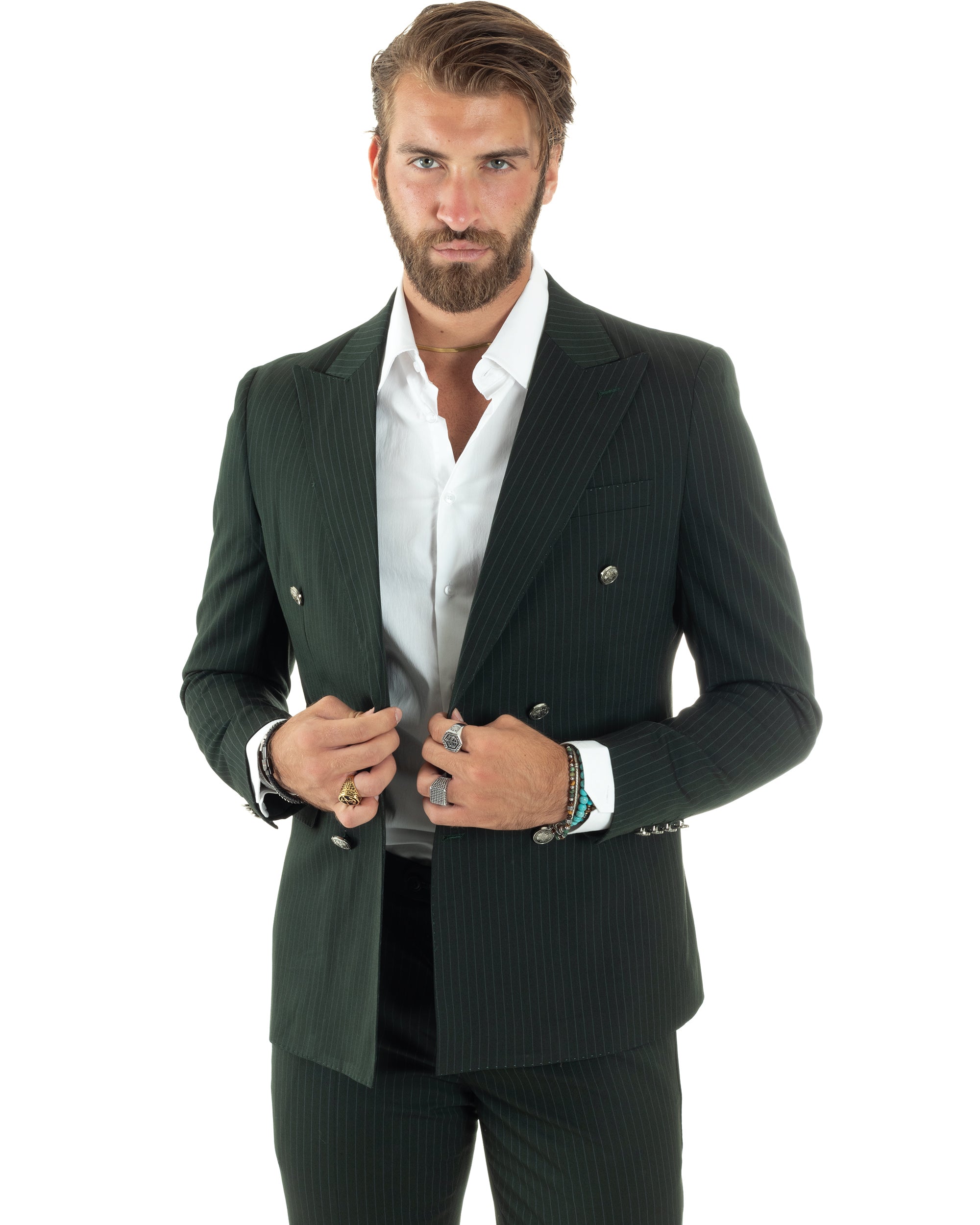 Abito Uomo Doppiopetto Vestito Completo Rigato Elegante Sartoriale Giacca Pantaloni Bottoni Metallo Fantasia Gessata Verde GIOSAL-AE1089A