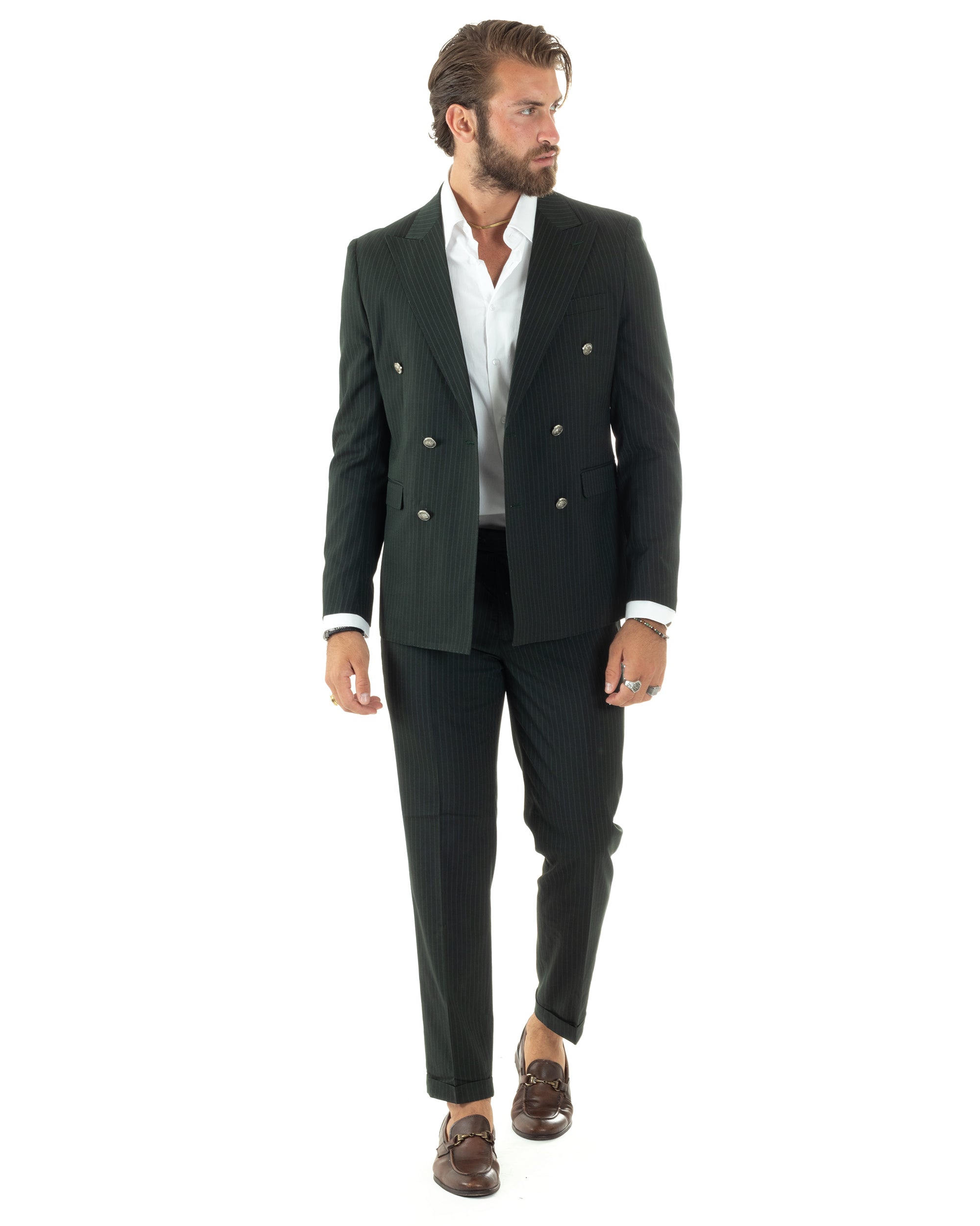 Abito Uomo Doppiopetto Vestito Completo Rigato Elegante Sartoriale Giacca Pantaloni Bottoni Metallo Fantasia Gessata Verde GIOSAL-AE1089A