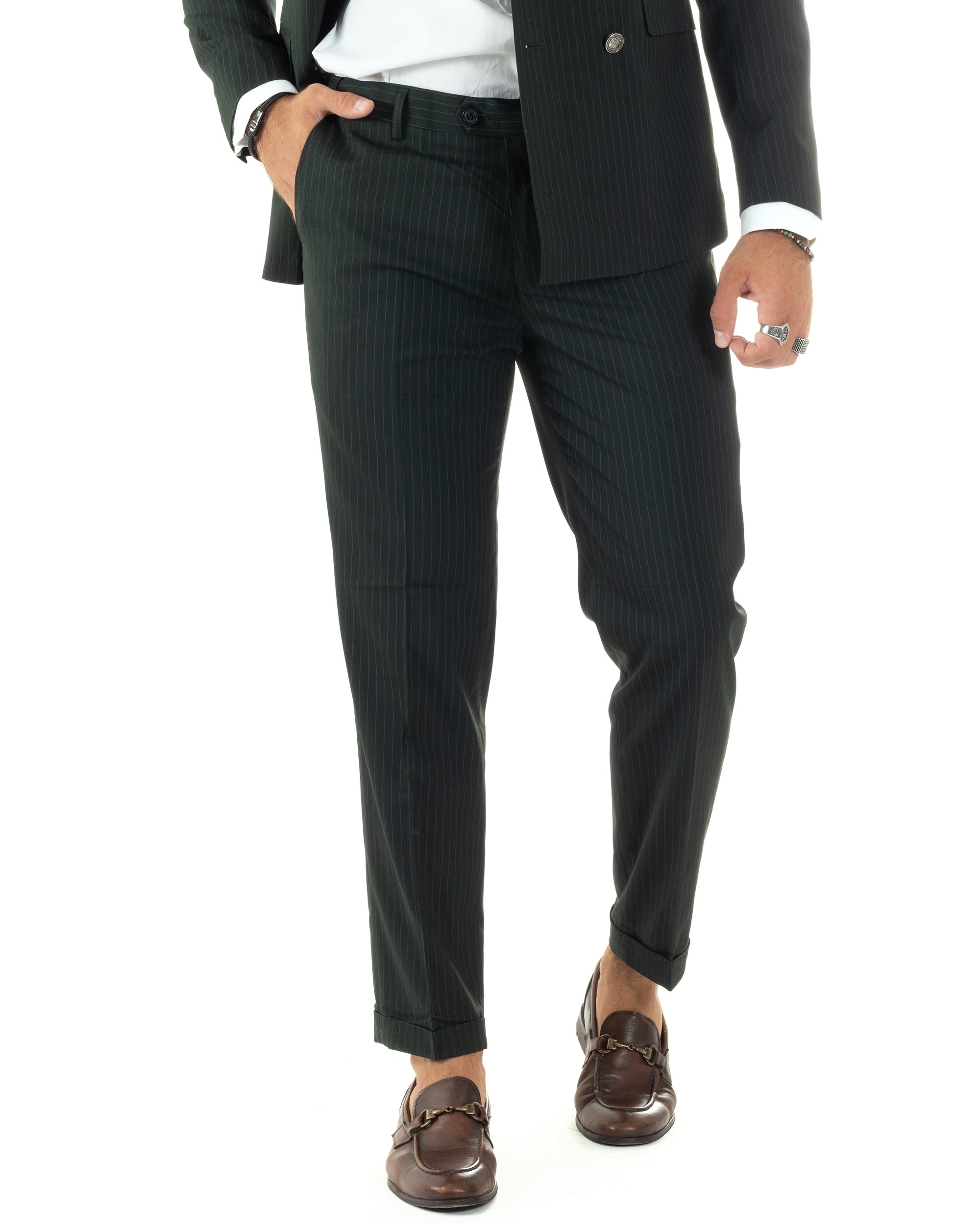 Abito Uomo Doppiopetto Vestito Completo Rigato Giacca Pantaloni Bottoni Metallo Fantasia Gessata Verde AE1089A