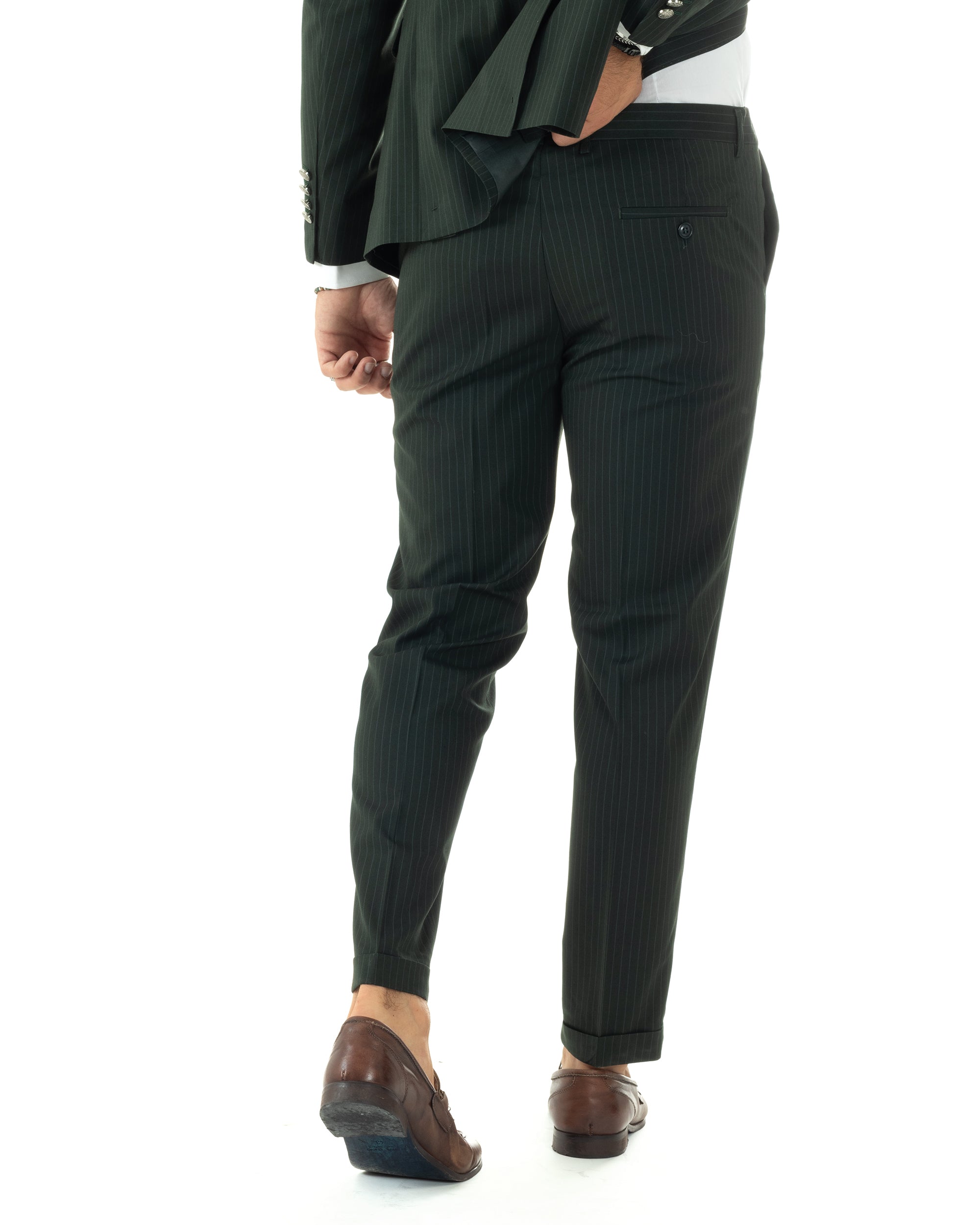Abito Uomo Doppiopetto Vestito Completo Rigato Giacca Pantaloni Bottoni Metallo Fantasia Gessata Verde AE1089A