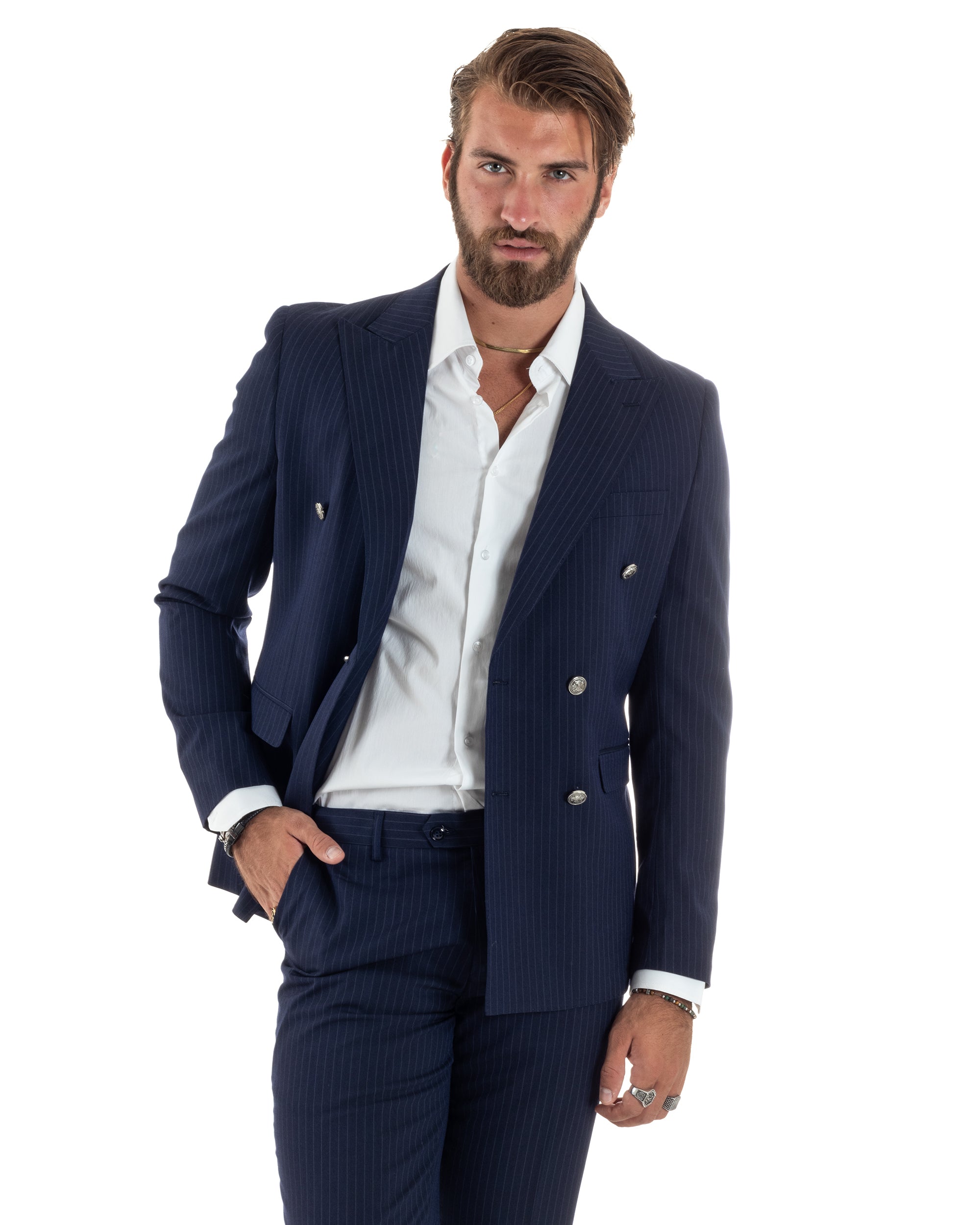 Abito Uomo Doppiopetto Vestito Completo Rigato Giacca Pantaloni Bottoni Metallo Fantasia Gessata Blu AE1090A