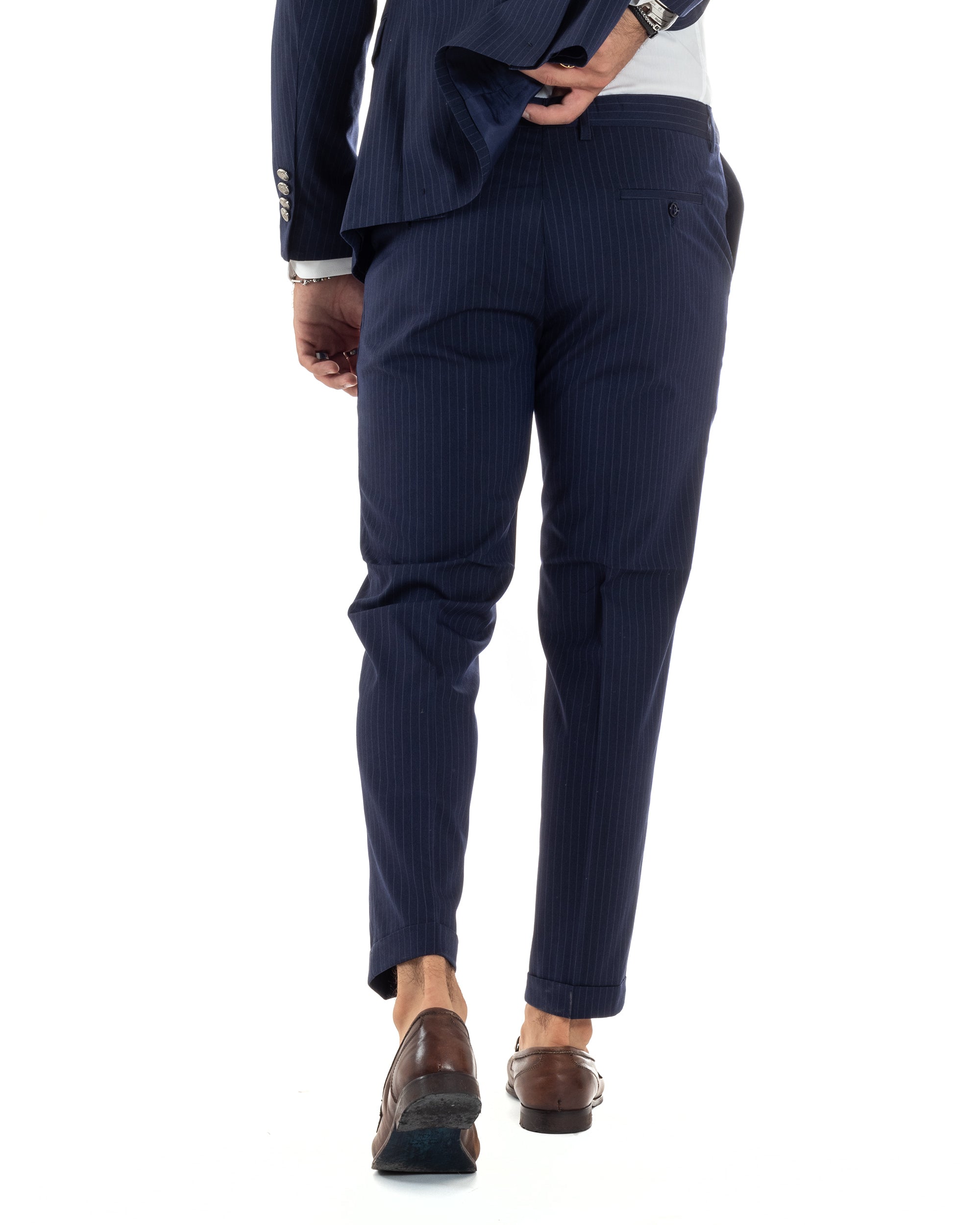 Abito Uomo Doppiopetto Vestito Completo Rigato Elegante Sartoriale Giacca Pantaloni Bottoni Metallo Fantasia Gessata Blu GIOSAL-AE1090A