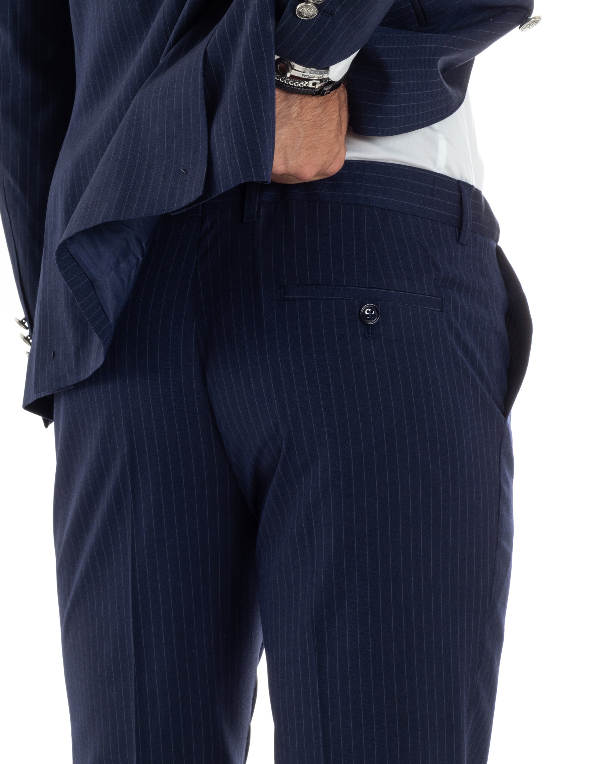 Abito Uomo Doppiopetto Vestito Completo Rigato Elegante Sartoriale Giacca Pantaloni Bottoni Metallo Fantasia Gessata Blu GIOSAL-AE1090A