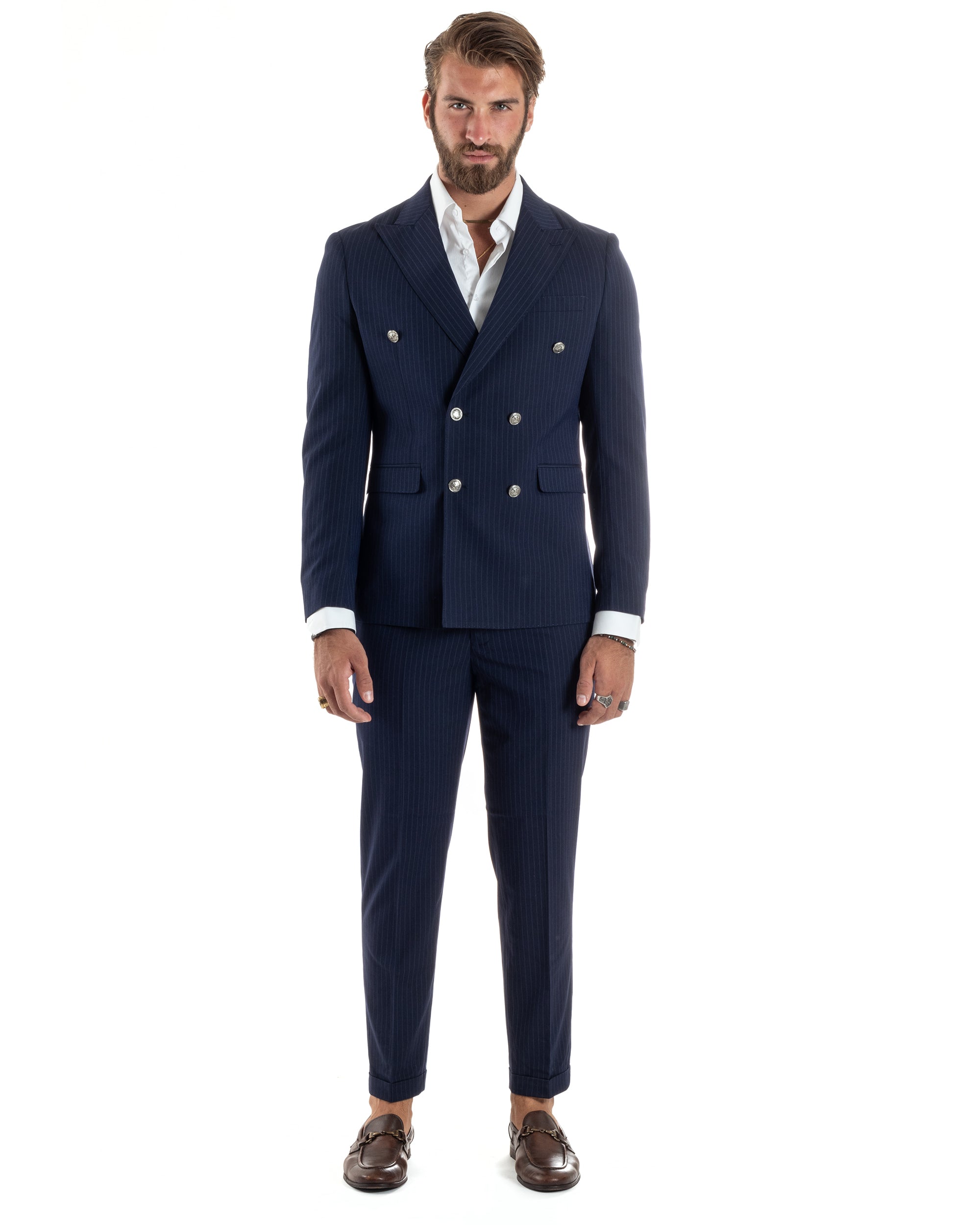 Abito Uomo Doppiopetto Vestito Completo Rigato Elegante Sartoriale Giacca Pantaloni Bottoni Metallo Fantasia Gessata Blu GIOSAL-AE1090A