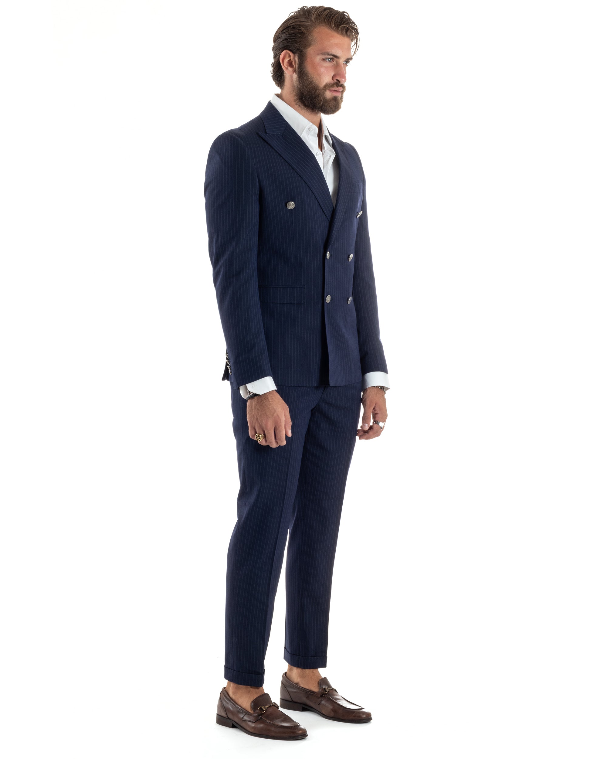Abito Uomo Doppiopetto Vestito Completo Rigato Elegante Sartoriale Giacca Pantaloni Bottoni Metallo Fantasia Gessata Blu GIOSAL-AE1090A