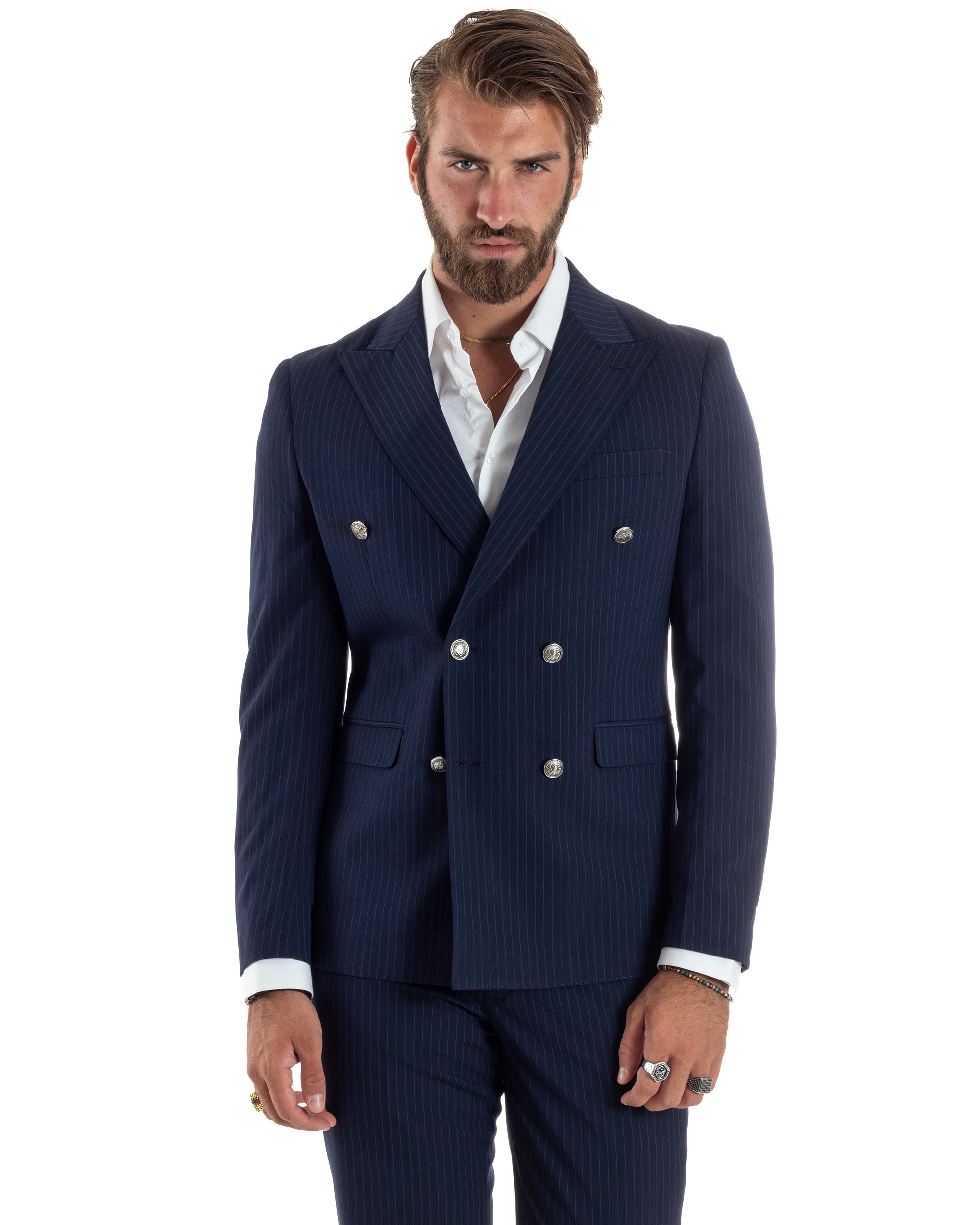 Abito Uomo Doppiopetto Vestito Completo Rigato Giacca Pantaloni Bottoni Metallo Fantasia Gessata Blu AE1090A