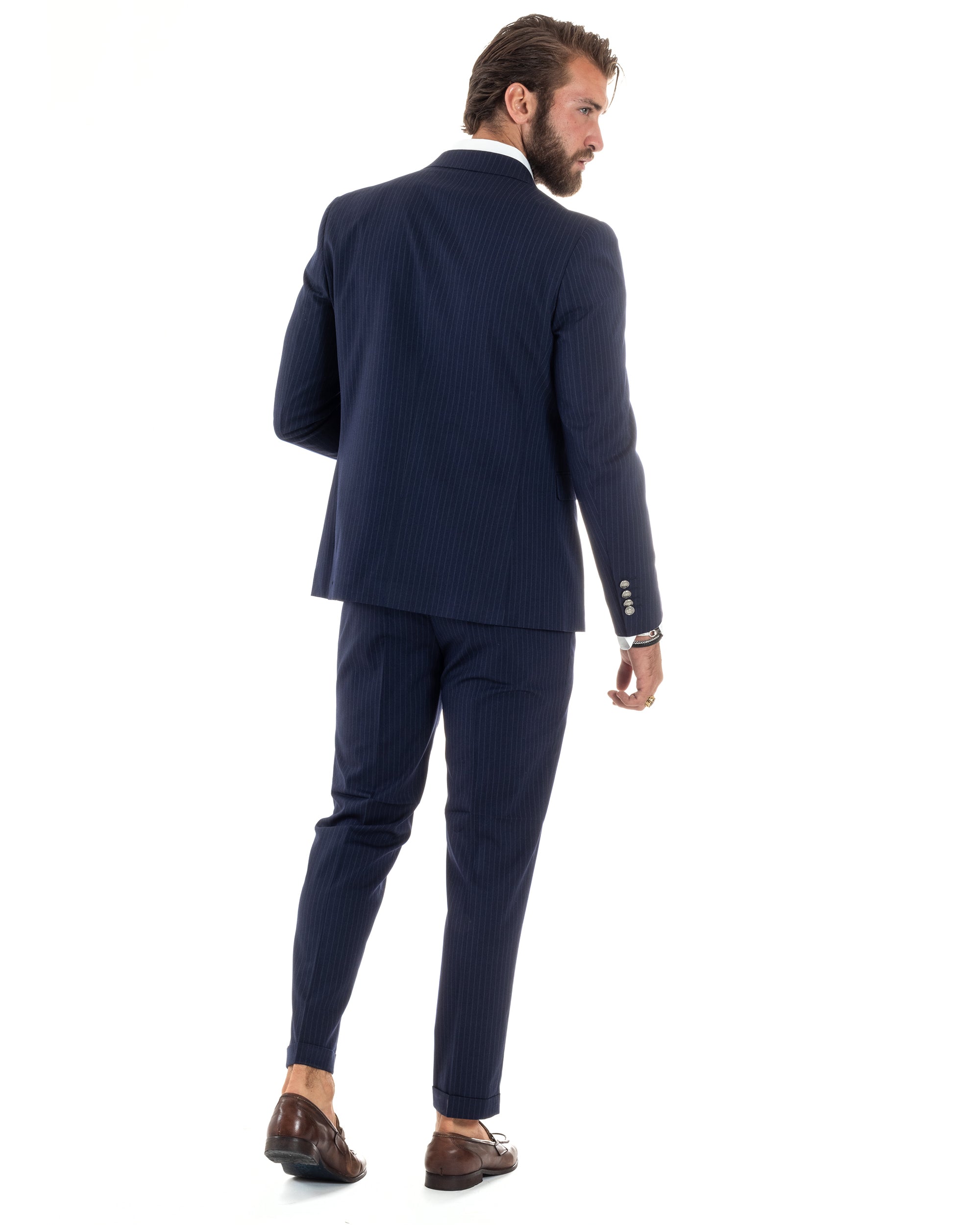 Abito Uomo Doppiopetto Vestito Completo Rigato Elegante Sartoriale Giacca Pantaloni Bottoni Metallo Fantasia Gessata Blu GIOSAL-AE1090A