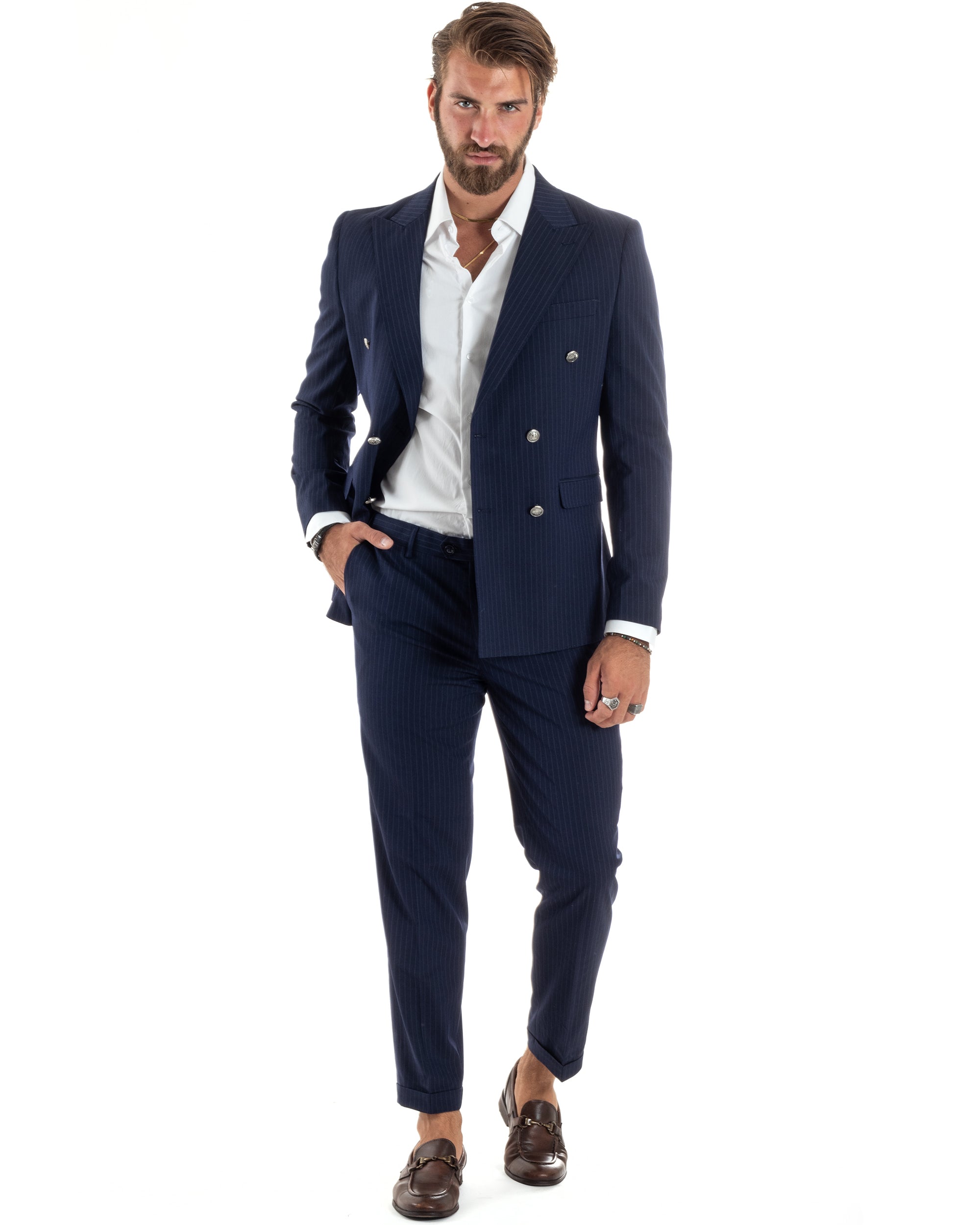 Abito Uomo Doppiopetto Vestito Completo Rigato Giacca Pantaloni Bottoni Metallo Fantasia Gessata Blu AE1090A